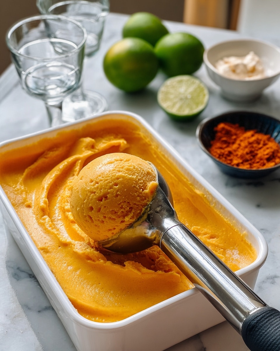 A close-up view of a white rectangular container filled with a smooth, thick orange-yellow ice cream-like dessert. The top layer is creamy and slightly shiny with a scoop being held by a silver ice cream scoop with a black handle, showing a rounded and textured surface. The container is placed on a white marbled texture surface. In the background, two clear, empty glass dessert cups and two bright green limes are visible, along with a small black bowl filled with a coarse red-orange powder and a small clear bowl containing a white creamy substance. Photo taken with an iphone --ar 4:5 --v 7