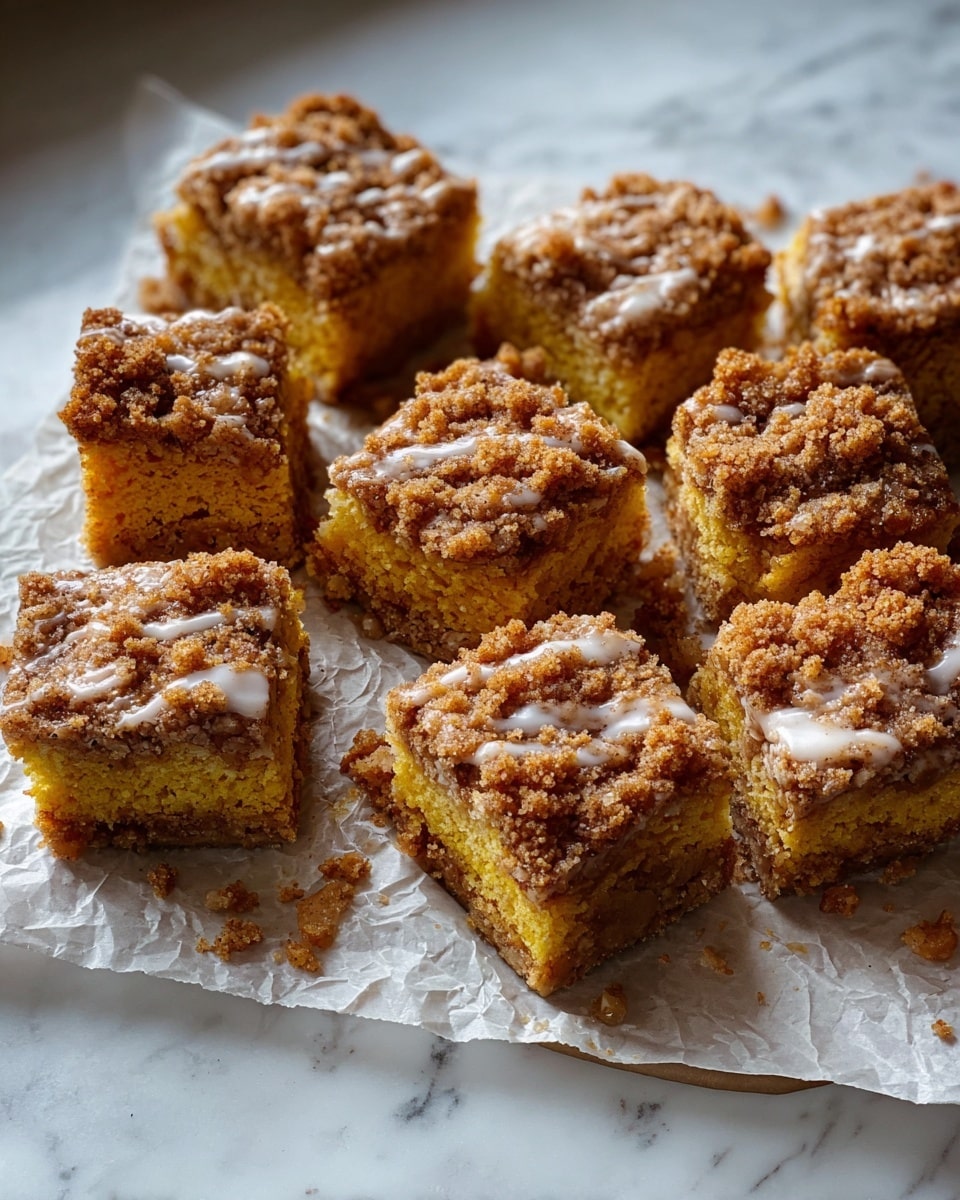 This image shows close-up pieces of a pumpkin cake with a crumbly brown topping and a drizzle of white icing on top. Each piece has two main layers: the bottom layer is a moist orange pumpkin cake with a soft texture, and the top layer is a rough, crumbly, golden-brown streusel with a wet shine from the icing. The pieces are placed on crinkled white parchment paper set on a white marbled surface. Photo taken with an iphone --ar 4:5 --v 7