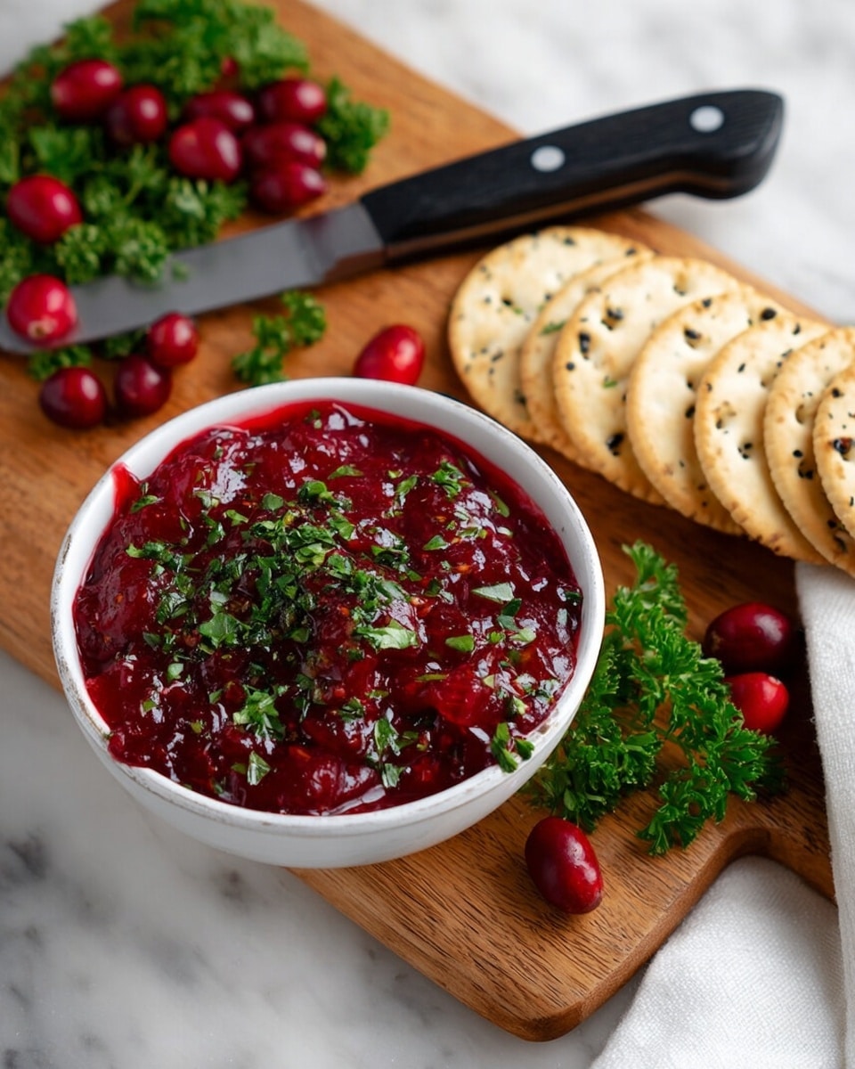 A white round dish filled with a shiny red cranberry sauce topped with small green herb pieces. In the foreground, a round cracker with a rough surface holds a layer of white creamy cheese and a layer of the red cranberry sauce mixed with green herbs. To the side, a silver knife with some white cream and red sauce residue rests on the white marbled surface. In the background, a wooden cutting board holds stacked round crackers, red cranberries, and green herb leaves scattered around. Photo taken with an iphone --ar 4:5 --v 7