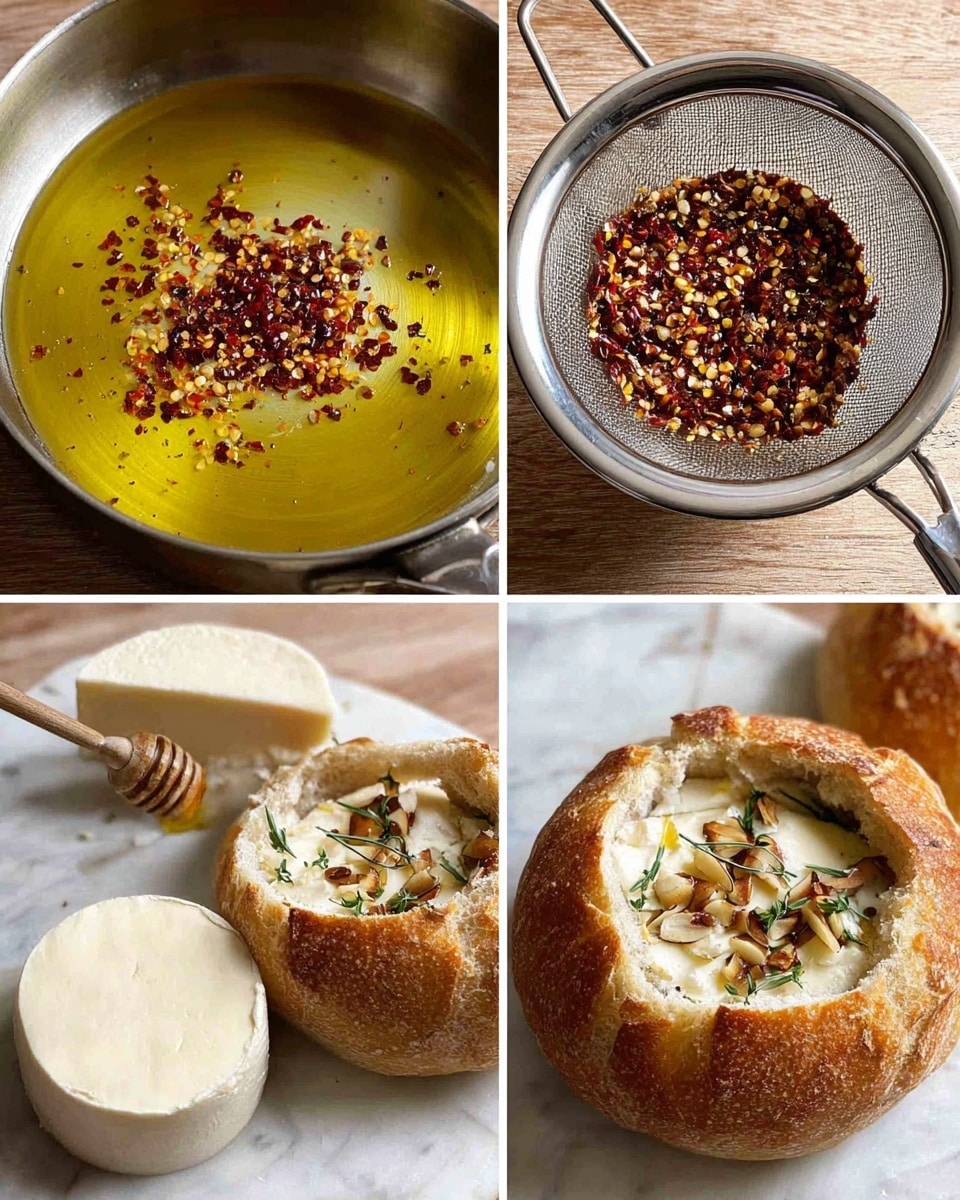 The image shows a round loaf of toasted bread with a golden-brown crust, arranged in a circle and sliced into thick segments around the edges. In the center, there is a whole round wheel of creamy white cheese with a soft rind, scored with a diamond pattern on top, and garnished with fresh green herbs like thyme. Between the cheese and the bread, a layer of red jam or jelly adds a splash of rich color. The bread and cheese sit on parchment paper on a dark tray, with sprigs of fresh herbs scattered around. A knife with a wooden handle is placed nearby on a white marbled surface. photo taken with an iphone --ar 4:5 --v 7