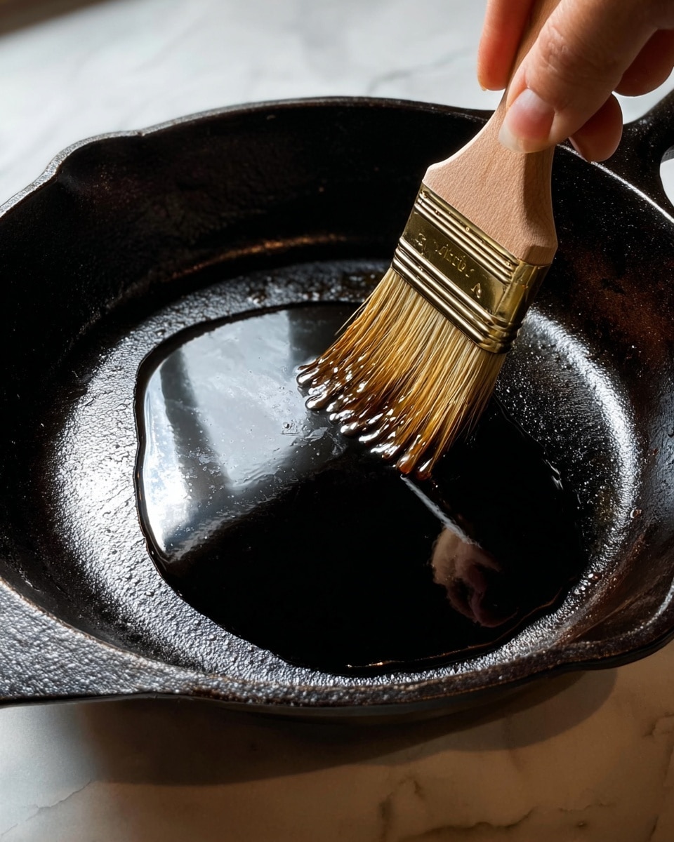 A close-up image shows a black cast iron pan with a shiny layer of oil being spread inside it by a light brown bristle brush with a wooden handle held by a woman's hand. The oil is dark and glossy, covering most of the bottom surface of the pan, which has a rough texture. The background is a white marbled texture with soft light shining on the pan and the brush. photo taken with an iphone --ar 4:5 --v 7