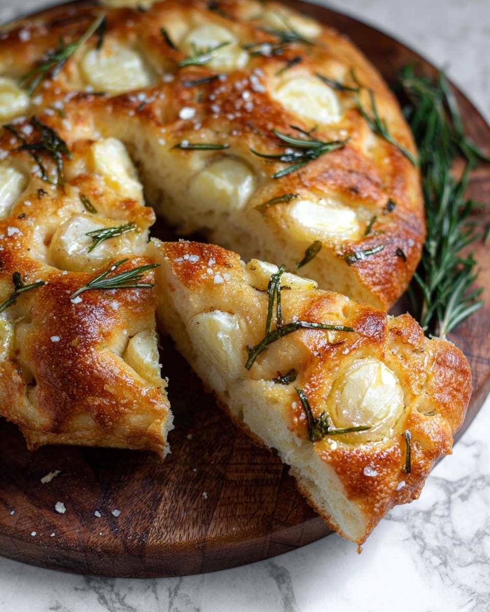 The image shows a round focaccia bread on a round wooden board with a white marbled texture background. The focaccia is golden brown with a slightly crispy crust and several round slices of white cheese embedded on its top surface. Sprigs of green rosemary and coarse salt are scattered over the bread, adding texture and color contrast. One piece of the focaccia is lifted to reveal its soft, airy, and pale inside. The bread looks fresh and rustic with a shiny olive oil glaze. Photo taken with an iphone --ar 4:5 --v 7