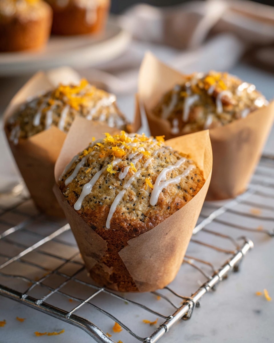 A close-up of a single muffin sitting on crinkled brown parchment paper placed on a silver wire rack. The muffin has a golden-brown base with darker specks all over, and the top is dome-shaped with a rough texture sprinkled with bits of orange zest. A glossy, thin layer of white glaze is drizzled unevenly over the muffin top. In the blurred background, there are three more similar muffins. The surface beneath the rack is a white marbled texture. photo taken with an iphone --ar 4:5 --v 7