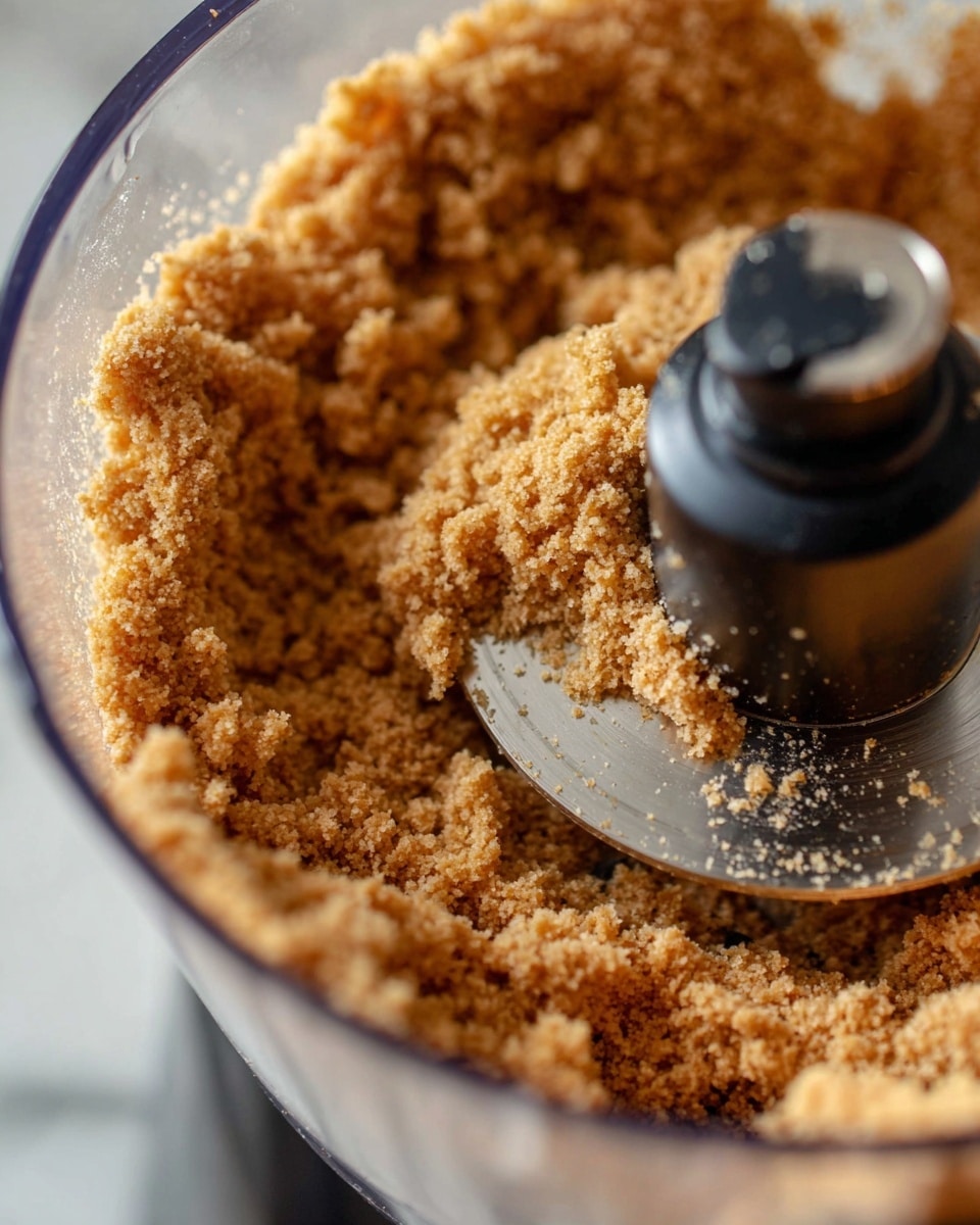 A close-up view inside a food processor shows a rough, crumbly mixture of a light brown color, evenly packed around the sides and bottom of the transparent bowl. The texture looks coarse and grainy, with some small clumps sticking to the sharp metal blade in the center. The background shows a white marbled surface slightly out of focus. Photo taken with an iphone --ar 4:5 --v 7