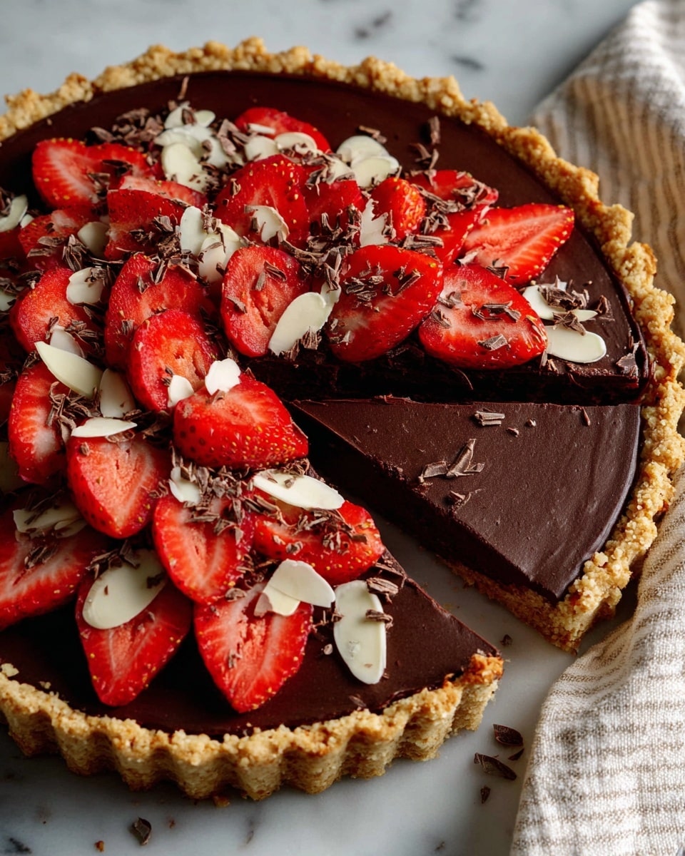 A close-up view of a chocolate tart placed on a white marbled surface. The tart has a golden brown crumbly crust forming the base. On top, there is a smooth, dark brown chocolate layer filling the entire tart. Around the edge of the tart, there are several bright red strawberry halves with green leaves, arranged neatly in a circle. Thin slices of light beige almonds are spread between the strawberry halves. Small dark chocolate shavings are sprinkled over the chocolate layer and the fruit around the edge, adding texture. The tart is shown from an angle, highlighting the glossy surface of the chocolate and the fresh look of the strawberries. photo taken with an iphone --ar 4:5 --v 7
