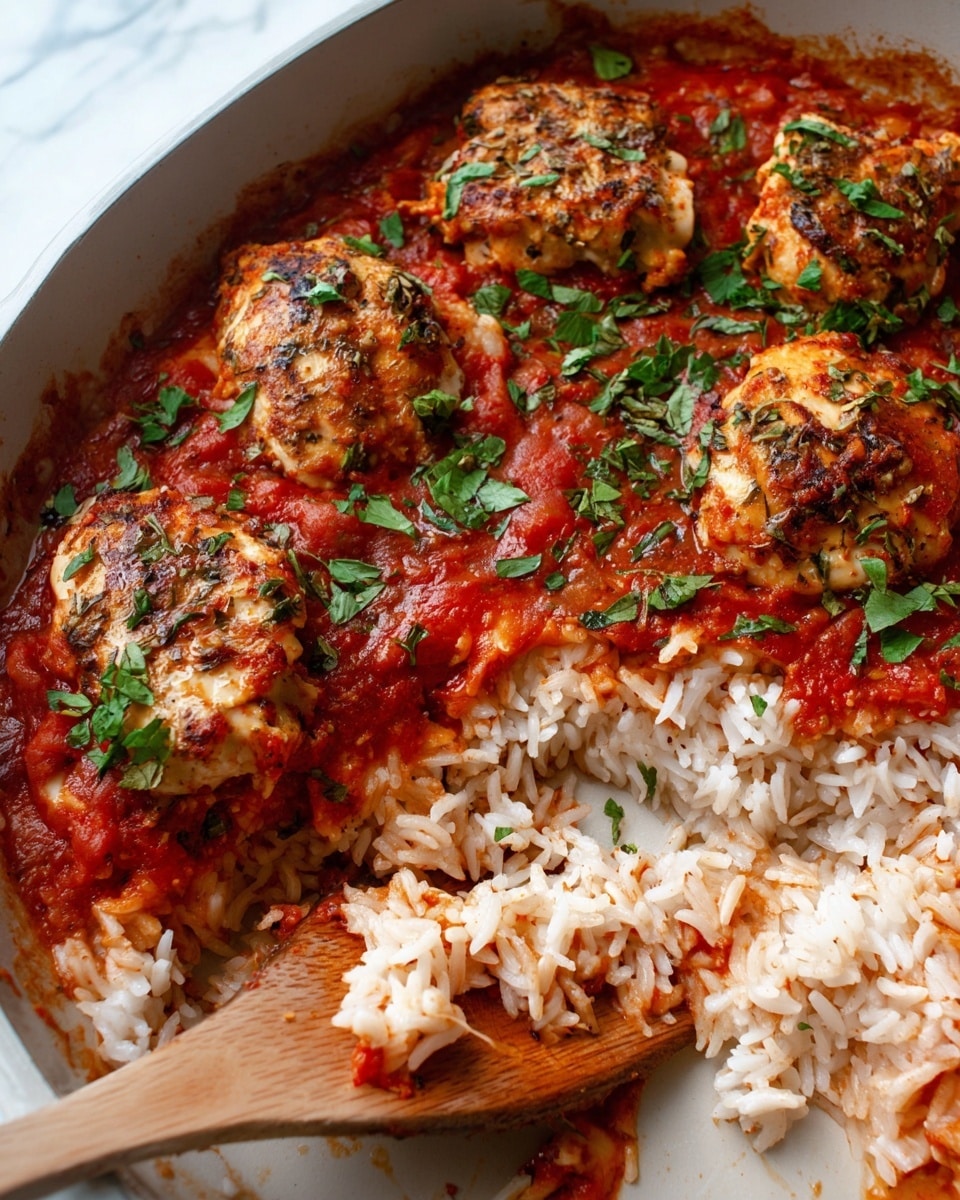 A close-up view of a white, shallow pan filled with three layers: the bottom layer is cooked white rice mixed with bits of sauce, the middle layer is a thick red tomato sauce with visible herbs scattered throughout, and the top layer has five pieces of browned chicken evenly placed, each piece garnished with fresh green herb leaves. A wooden spoon is partially scooping a portion from the right side, revealing the rice underneath. The whole dish has a rustic, home-cooked feel with a white marbled surface in the background. photo taken with an iphone --ar 4:5 --v 7