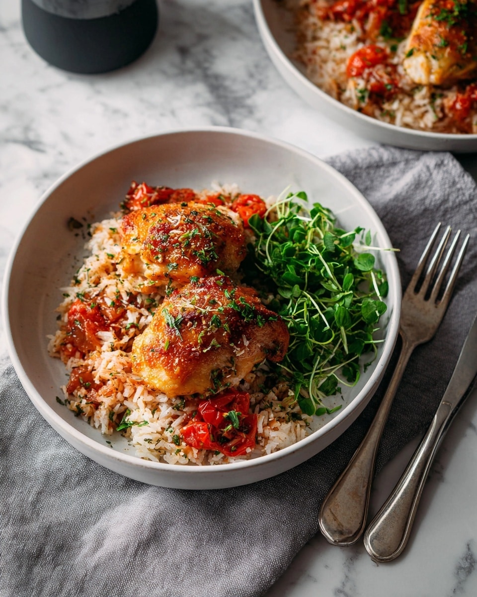A rectangular baking dish filled with a layered meal starting with a base of cooked rice covered by a thick, bright red tomato sauce mixed with herbs and spices. On top, there are five pieces of golden, baked chicken placed evenly across the dish, each with a slight glaze and sprinkled with fresh green herb leaves. A small bunch of fresh thyme lies on the upper left corner of the dish. One corner of the dish is scooped out, showing the rice beneath the sauce, and a wooden spoon is resting in that scooped space. The dish sits on a white marbled surface with a textured grey kitchen towel underneath the baking dish and clusters of red cherry tomatoes near the top left corner. Photo taken with an iphone --ar 4:5 --v 7