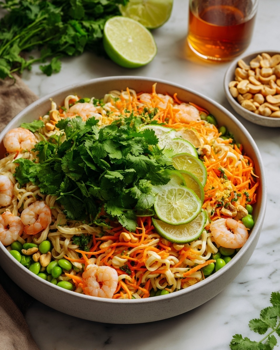 A large white bowl holds a layered dish starting with a base of pale noodles mixed with thin orange carrot strips scattered evenly throughout. Small pale pink shrimp are mixed inside the noodles, along with bright green edamame beans and small white nuts spread across the dish. On top, a bunch of fresh green cilantro sits in the center. Three thin, bright green lime slices rest on one side above the noodles. The bowl is placed on a white marbled surface, with a blurred background showing a halved lime, a small bowl with nuts, a glass of amber liquid, and fresh cilantro. photo taken with an iphone --ar 4:5 --v 7