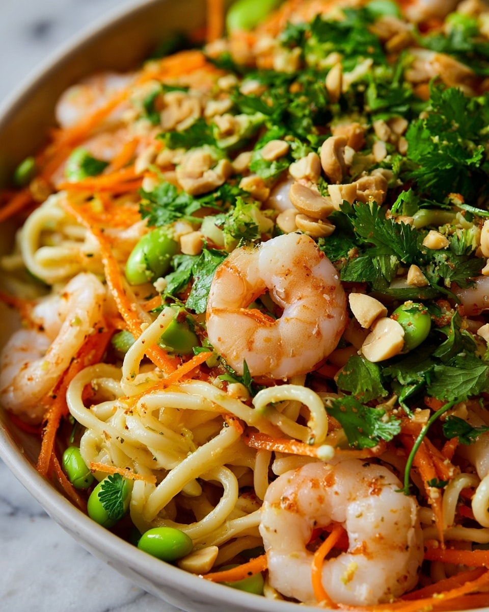 A large white bowl filled with a colorful mix of thin, curly, light tan noodles as the base layer, mixed with small orange carrot sticks, pale pink small shrimp, green edamame beans, and light beige peanuts evenly spread throughout. On top at the center are three thin, bright green lime slices arranged in a slight overlap, surrounded by a small bunch of fresh dark green cilantro leaves. The bowl sits on a white marbled surface, next to halved limes showing bright green and pale yellow interiors, a small white bowl filled with light beige peanuts, a glass bottle with amber liquid, fresh green cilantro sprigs, and two wooden serving spoons with a natural texture. photo taken with an iphone --ar 4:5 --v 7
