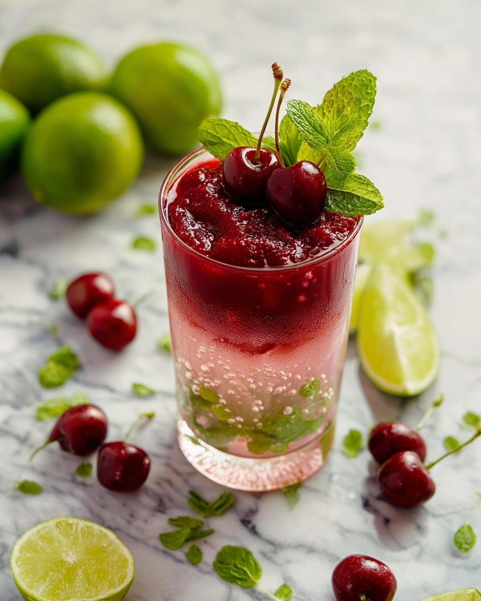 A tall clear glass filled with three layers drinks: the bottom layer is light pink with bubbles, the middle layer is clear with a light green tint, and the top layer is a thick deep red puree with a rough texture. On top, two bright red cherries with stems, a fresh green mint leaf, and a lime wedge are placed on the edge of the glass. The glass sits on a white marbled surface scattered with lime slices, mint leaves, and whole cherries, giving a fresh and colorful look. Photo taken with an iphone --ar 4:5 --v 7