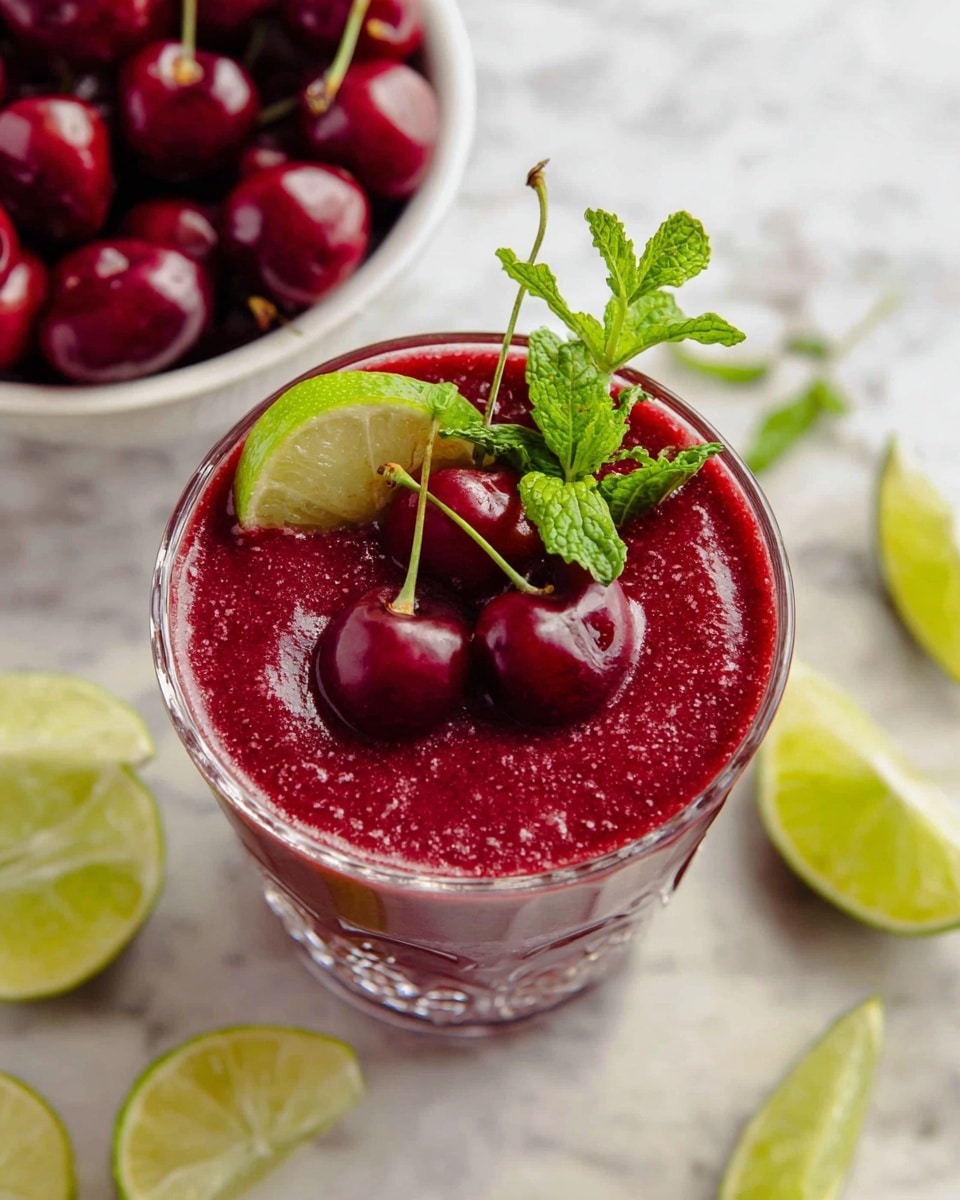 A tall clear glass with a textured surface holds a two-layer drink; the bottom layer is light pink with bubbles and ice cubes, and the top layer is thick and dark red. A green lime slice is placed inside the glass near the middle, and the top is garnished with two red cherries, another lime slice, and a bright green mint sprig. The glass sits on a round white marbled surface scattered with lime slices and mint leaves. A bowl of cherries and more lime pieces and mint are in the soft-focused background. Photo taken with an iphone --ar 4:5 --v 7
