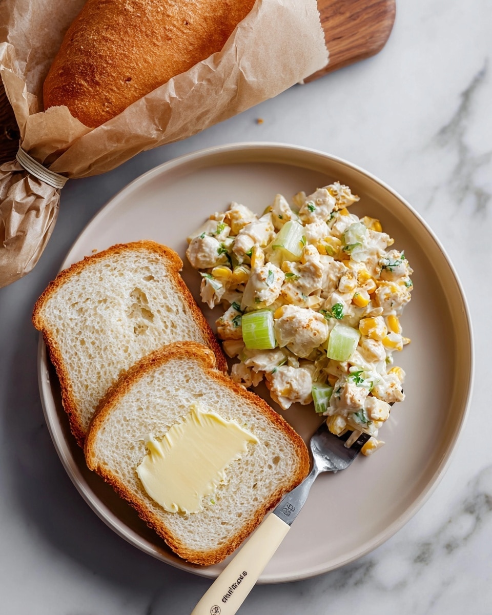The image shows a sandwich made with a shiny, golden-brown baguette that is sliced open to reveal the inside layers. Inside, there is a creamy white filling mixed with bright yellow corn kernels and light green celery slices. The bread has a soft, airy texture inside with a crisp crust on the outside. The sandwich is resting on a white marbled surface, with more baguette pieces wrapped in parchment and tied with string blurred out in the background. photo taken with an iphone --ar 4:5 --v 7