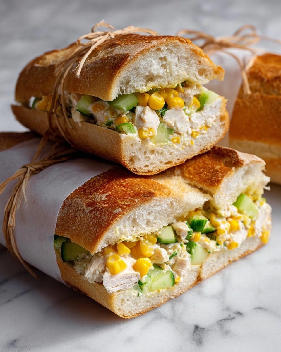 The image shows a sandwich made with a soft, golden brown French bread baguette, wrapped halfway in white parchment paper tied with a natural twine string. The sandwich is filled with three visible layers: a creamy white mayonnaise or dressing mixed with bright yellow corn kernels, light green cucumber slices, and small pieces of white chicken meat. The sandwich is sliced in half, with one half standing upright to show the soft, fluffy inside texture of the bread and the filling clearly. The whole scene is set on a white marbled surface. photo taken with an iphone --ar 4:5 --v 7