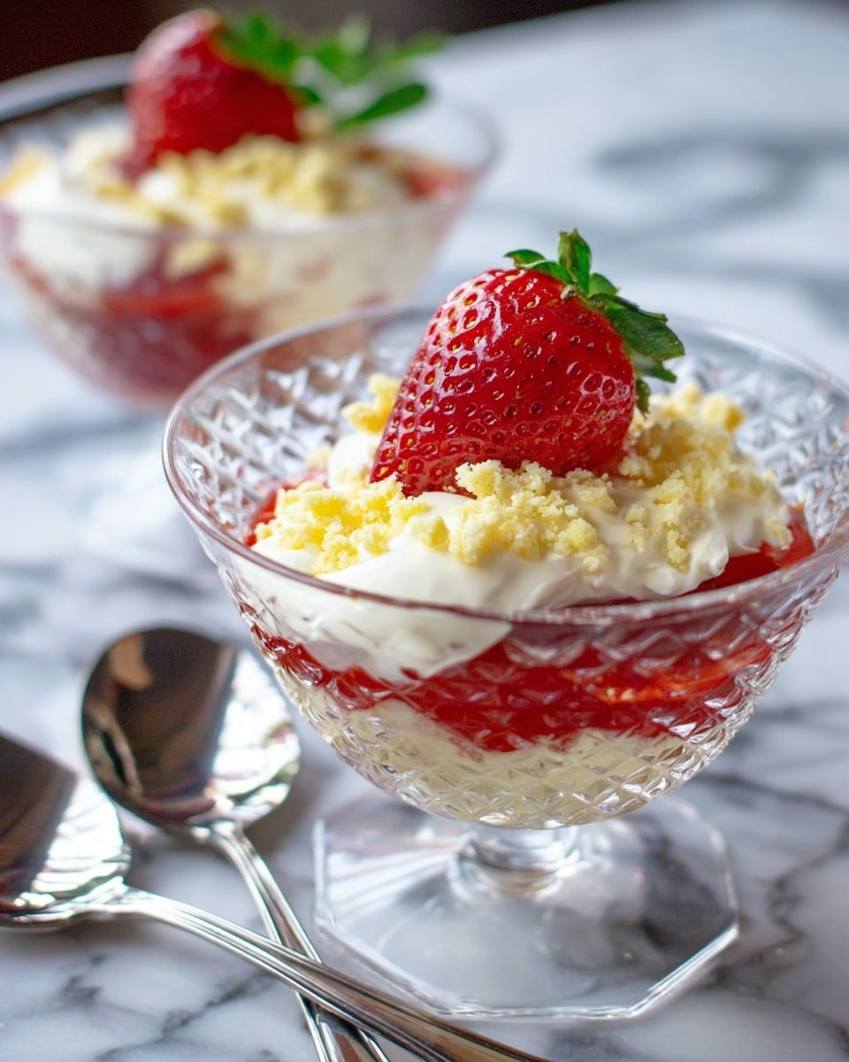Two clear glass dessert cups with a raised dot pattern near the top and a short stem hold layered strawberry parfaits. The bottom layer is a yellow crumbly base, topped with diced white cream chunks. Above this is bright red strawberry sauce, with fresh whole strawberries adding a pop of red and green at the center of each cup. A dollop of smooth white cream tops the parfaits. A silver spoon is dipped into the front cup, holding a scoop of the creamy, red sauce and crumb mixture. The cups sit on a white marbled surface, with a clear glass vase to the left holding green leaves and flowers with red and white petals. Photo taken with an iphone --ar 4:5 --v 7