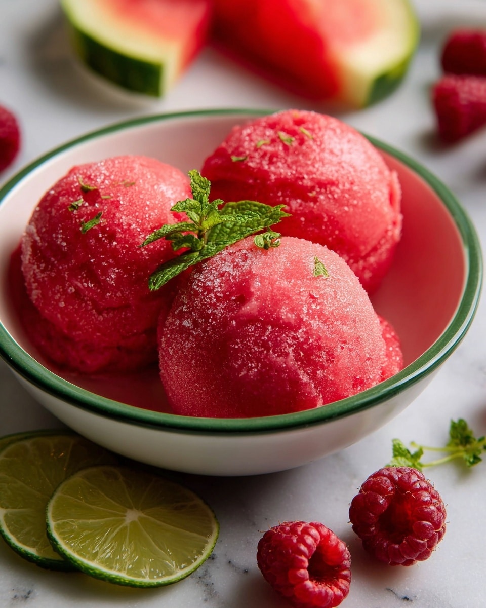 Three bright pink sorbet scoops sit closely together in a white bowl with a green rim, topped with a small sprig of fresh green mint leaves. Around the bowl on a white marbled surface, there are fresh raspberries, thin lime slices, and a piece of watermelon showing its red inside and green outside. The sorbet scoops have a slightly coarse texture with visible tiny ice crystals, giving them a fresh, cold look. Photo taken with an iphone --ar 4:5 --v 7