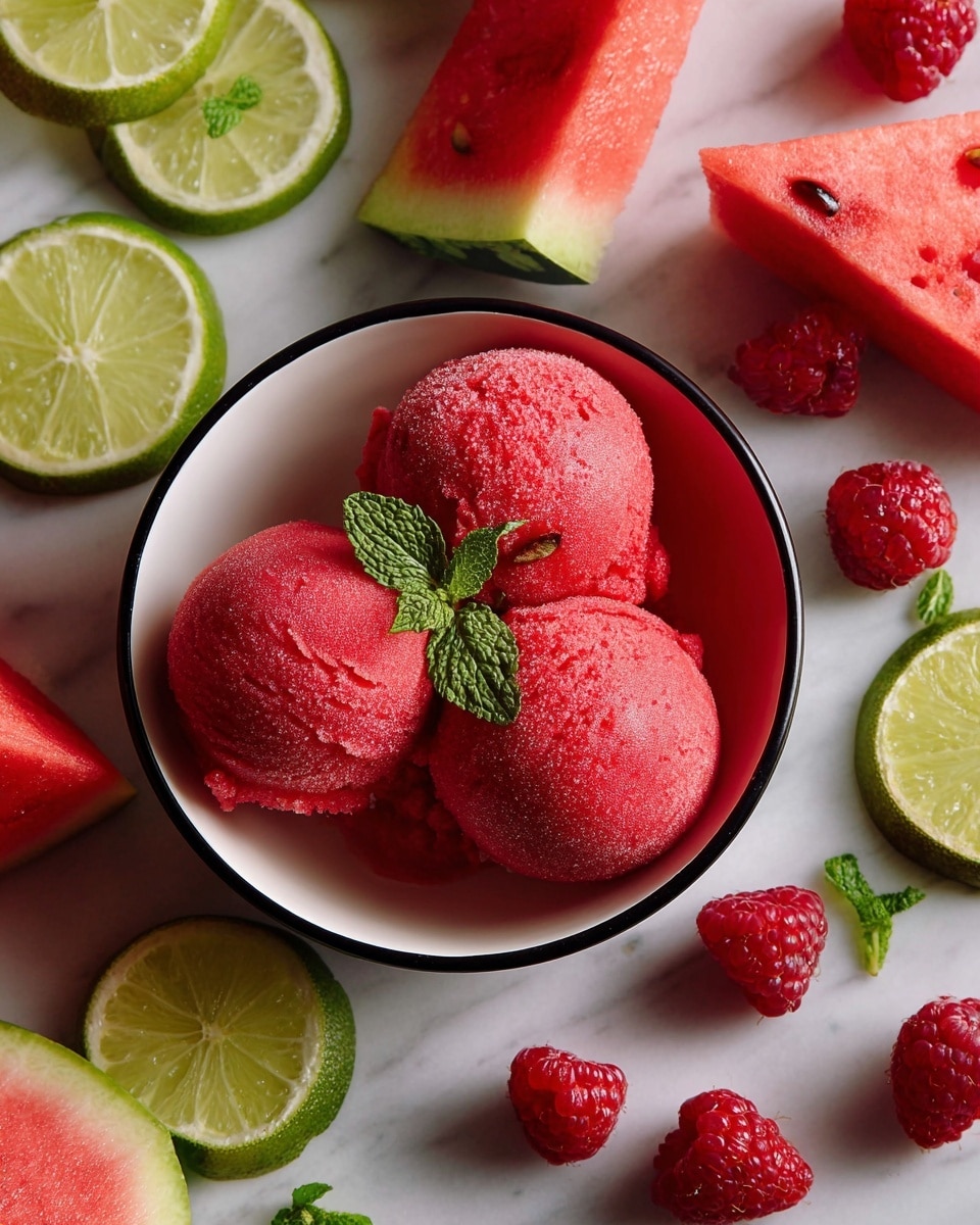 A white bowl with a black rim holds three round scoops of bright red sorbet, each with a slightly frosty texture, arranged close together in the center. On top of the sorbet is a small sprig of fresh green mint leaves. Around the bowl on a white marbled surface are slices of lime with vibrant green rinds and light green insides, several whole red raspberries with a bumpy texture, and chunks of watermelon showing dark green rind, white layer, and bright red flesh. The elements are spread casually creating a fresh and colorful look. photo taken with an iphone --ar 4:5 --v 7