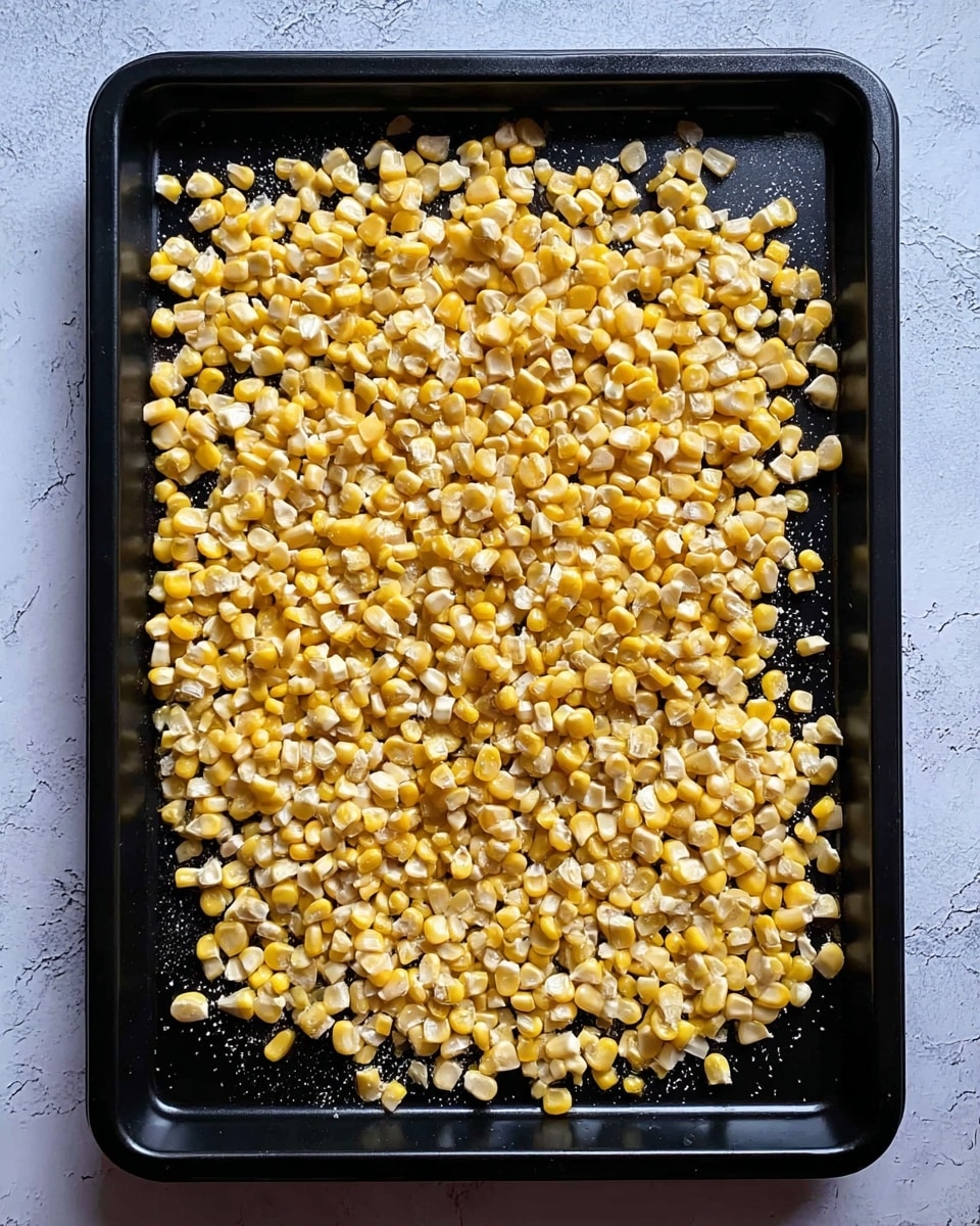 A single layer of small, yellow corn kernels spread out evenly on a black rectangular baking tray with a slightly shiny surface. The tray rests on a white marbled textured surface, and the corn pieces vary slightly in size and shape, giving a natural, uneven pattern. The overall look is simple and clean, focusing on the bright yellow corn against the dark tray. photo taken with an iphone --ar 4:5 --v 7