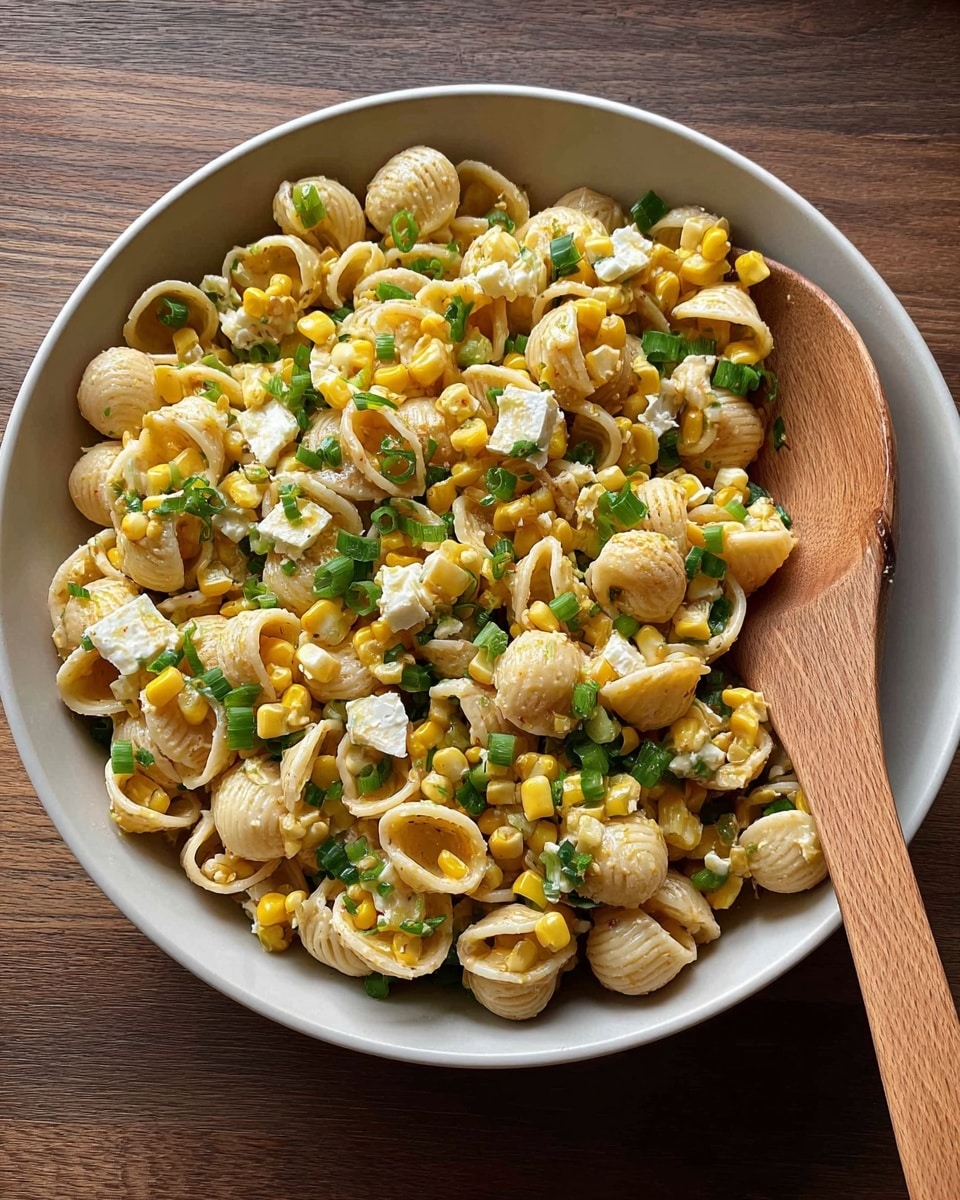 A white bowl filled with a colorful pasta salad sits on a wooden surface. The salad has three main layers: small round pasta shells that are pale beige and slightly textured, scattered evenly throughout; bright yellow corn kernels mixed in all over, adding a pop of color; and small green onion pieces and tiny white cheese cubes spread throughout, giving contrasting green and white spots. A wooden spoon rests inside the bowl on the right side, blending with the color of the pasta but standing out by its smooth texture. photo taken with an iphone --ar 4:5 --v 7