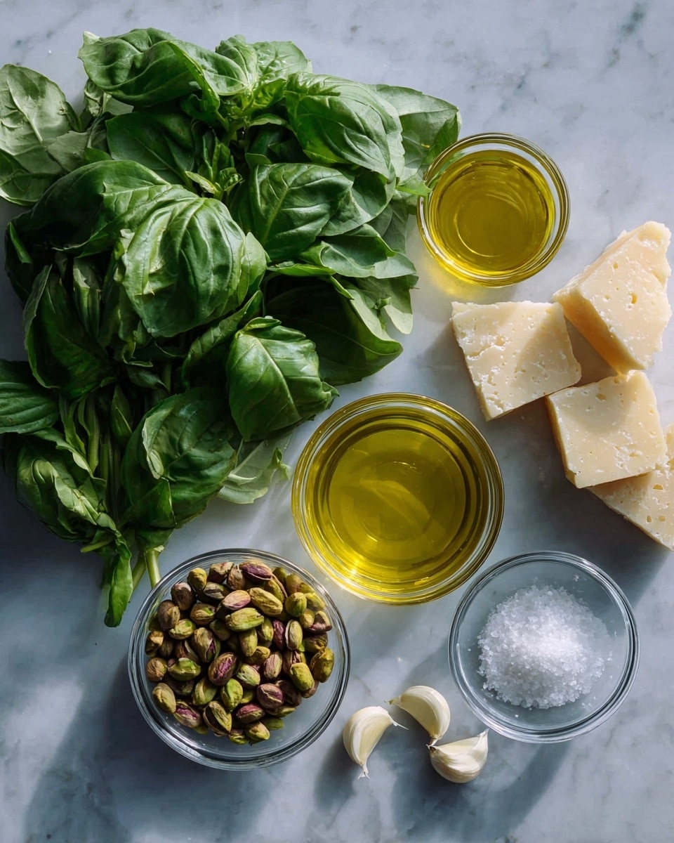 A bunch of fresh green basil leaves placed on the left side over a white marbled surface. On the right side, there are four small clear glass bowls arranged in a curved line: the top bowl contains green and brown pistachio nuts, the middle right bowl holds yellow olive oil, the bottom right bowl is filled with white salt crystals, and between the pistachios and olive oil bowls, there are two garlic cloves and two pieces of pale yellow parmesan cheese with a textured surface. Photo taken with an iphone --ar 4:5 --v 7