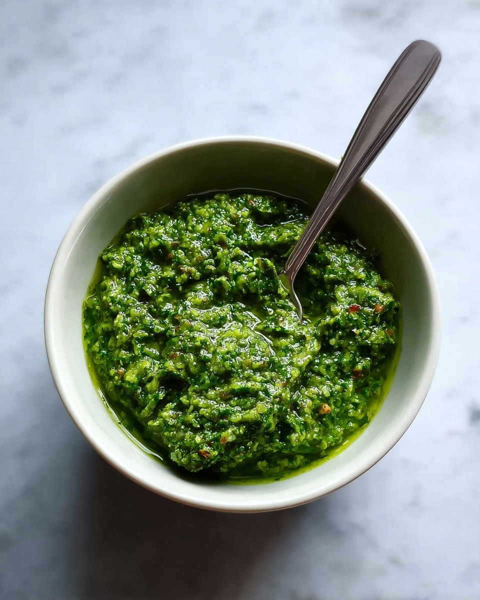 A small, round white bowl filled with bright green pesto sauce that has a coarse texture, showing bits of herbs and nuts. A small metal spoon is placed inside the bowl, resting at an angle with the handle extending outwards. The bowl sits on a white marbled surface, with soft natural light enhancing the vibrant green color of the pesto. Photo taken with an iphone --ar 4:5 --v 7