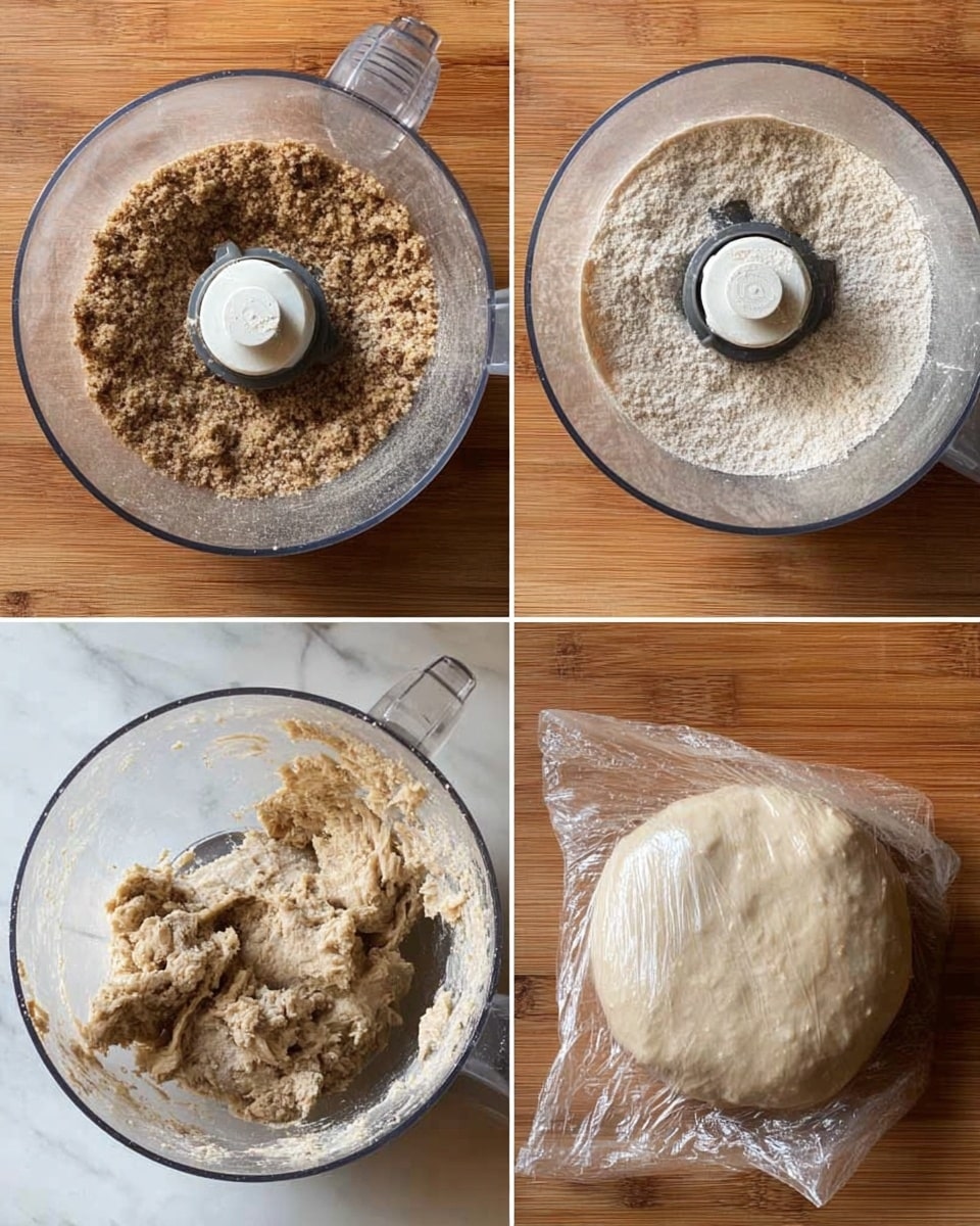 The image shows four stages of dough preparation on a wooden surface. The first stage in a clear food processor bowl has coarse, crumbly brownish dough bits spread around the chopping blade. The second stage shows a finer, pale beige powder-like mixture covering the blade. The third stage has the dough partially mixed with a rough texture, some clumps and flour dust around the bowl sides. The last stage is a smooth, round flat dough wrapped tightly in clear plastic wrap, showing some brown specks inside. The background is a white marbled texture. photo taken with an iphone --ar 4:5 --v 7