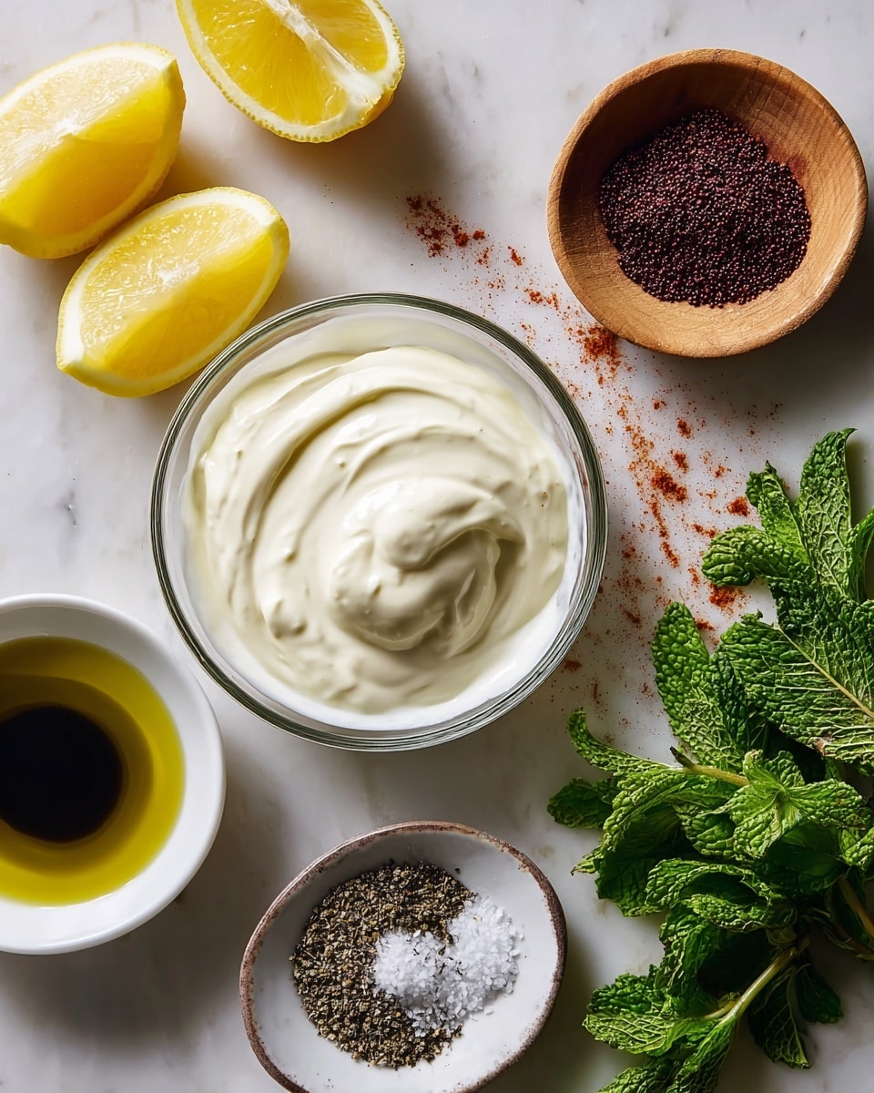 A clear glass bowl filled with white creamy sauce that has small green herb bits mixed in. On top of the sauce are dark red specks sprinkled evenly. Inside the bowl is a silver metal whisk resting partially in the sauce, its wires coated with the sauce and specks. Above on the right side of the image, fresh green mint leaves and a yellow lemon half with visible juicy texture are placed on a white marbled surface. Photo taken with an iphone --ar 4:5 --v 7