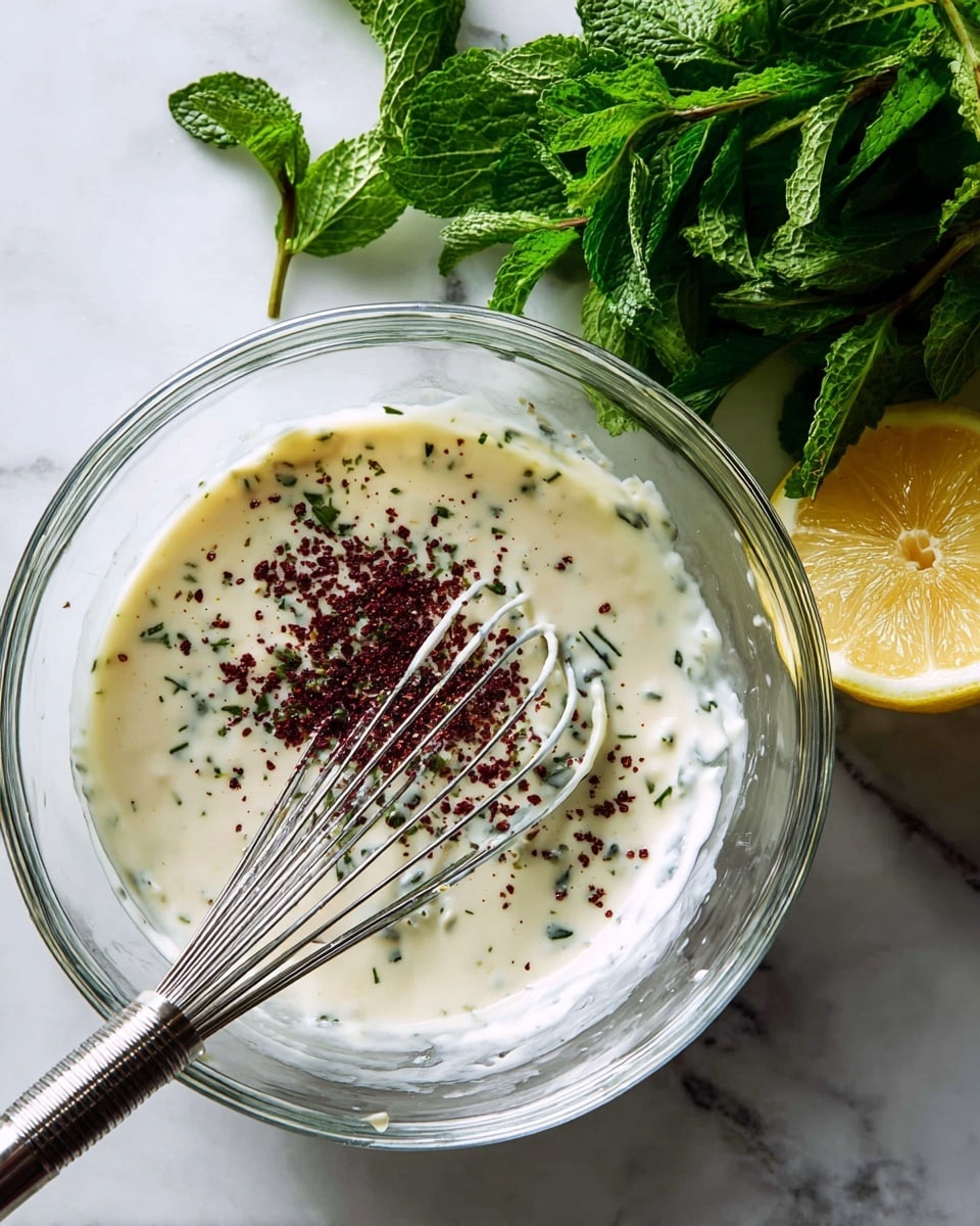A clear glass jar filled with a creamy white sauce that has tiny black specks spread evenly throughout. A silver spoon is placed inside the jar, leaning slightly to the right. The jar is set on a white marbled surface sprinkled with small dark specks. In the blurred background, there is a small wooden bowl with a dark purple powder and a fresh green herb bunch adding a touch of color. Photo taken with an iphone --ar 4:5 --v 7