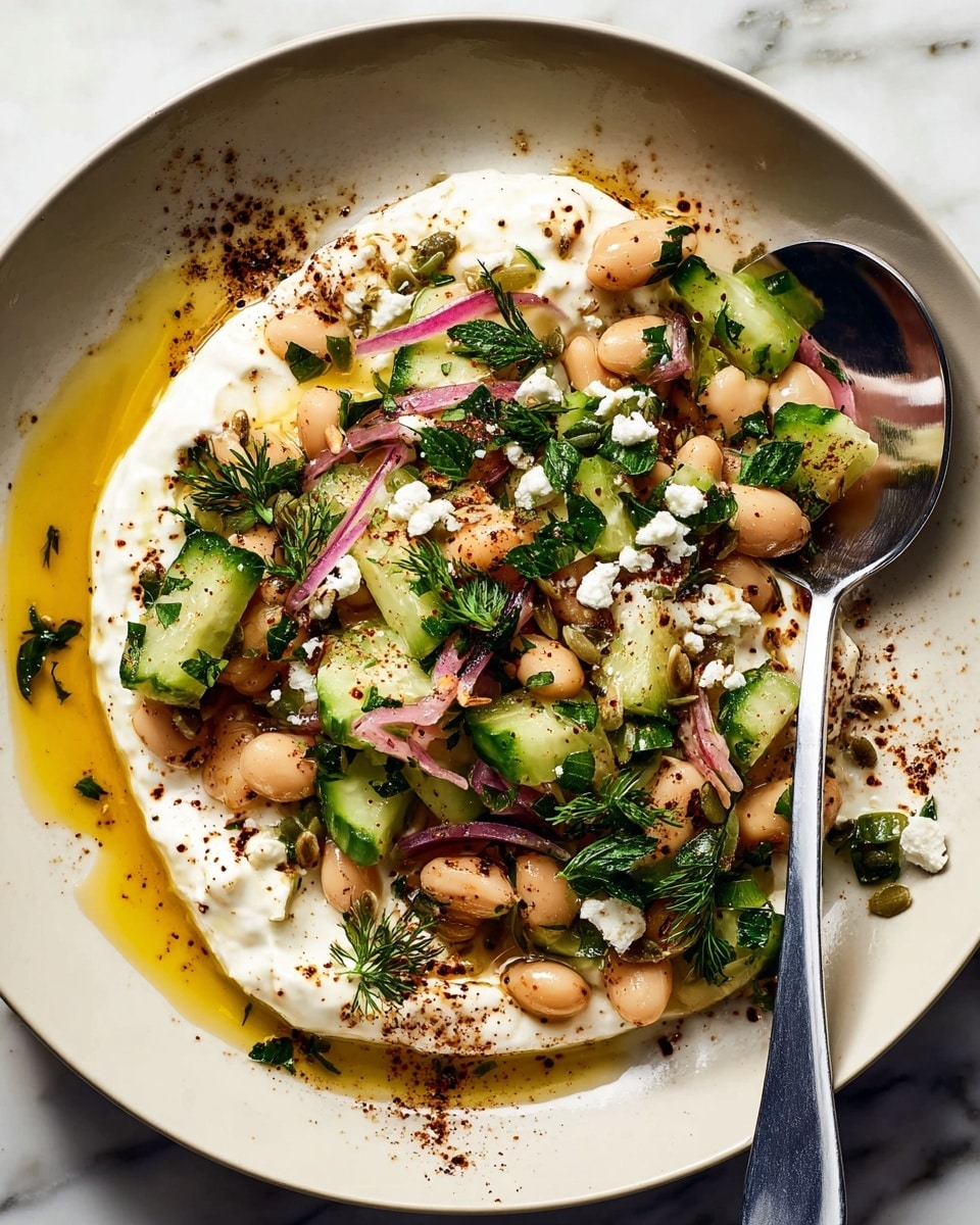 A round beige bowl holds a layered salad dish starting with a smooth, thick white cream spread in a circular shape at the base. On top, there is a mix of light brown beans, small bright green cucumber cubes, thinly sliced purple onions, and sprinkled green herbs. Crumbled white cheese bits and specks of dark seasoning add extra texture. A drizzle of golden olive oil surrounds the ingredients, and the bowl is placed on a white marbled surface. photo taken with an iphone --ar 4:5 --v 7