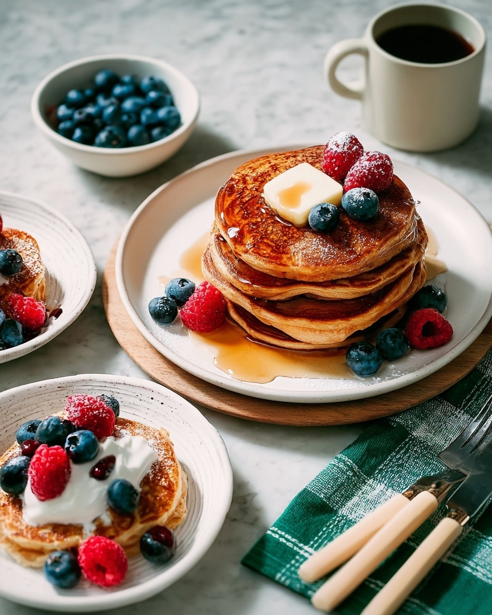A stack of seven fluffy, golden-brown pancakes sits in the middle of a white plate on a white marbled surface. The pancakes look soft with slight crispy edges and have syrup slowly dripping down the sides, giving a glossy shine. On the top pancake is a square pat of melting yellow butter and three berries—two bright red raspberries and one deep blue blueberry—while another blueberry lies beside the plate. Next to the plate, a fork with a white handle is partly visible. The background is plain and light green. Photo taken with an iphone --ar 4:5 --v 7