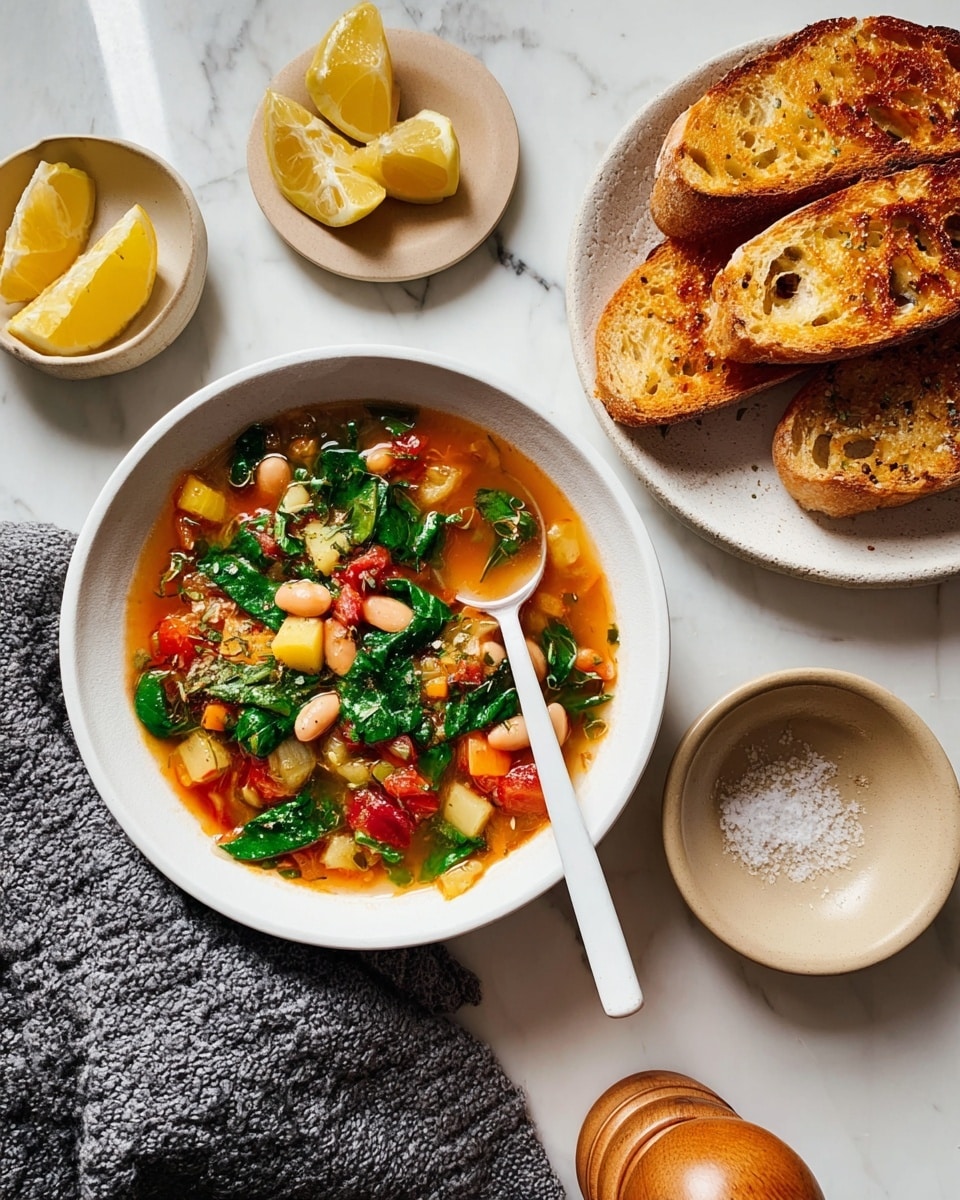 A white bowl filled with a clear vegetable soup showing layers of colorful ingredients: green spinach leaves floating on the top, white beans, orange carrot pieces, light yellow potato chunks, red tomato pieces, and small bits of celery and onion in a light brown broth. A thick piece of toasted golden-brown bread rests on the edge of the bowl. Surrounding the bowl are two lemon halves, one white plate with a lemon slice, and a white spoon on a white marbled surface. Photo taken with an iphone --ar 4:5 --v 7