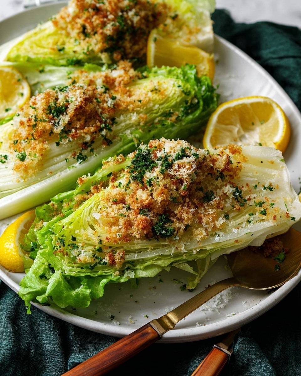 The image shows six wedge-shaped pieces of pale green lettuce layered thickly on a white plate. Each wedge has a rough texture with layers of light green leaves, topped with a golden-brown crumbly layer and small bits of fresh green herbs scattered over. The wedges are arranged around bright yellow lemon slices that add a pop of color. In the background, there are small bowls with white, green, and golden-brown ingredients, all placed on a white marbled surface. Metal utensils with brown handles are laid near the plate. Photo taken with an iphone --ar 4:5 --v 7