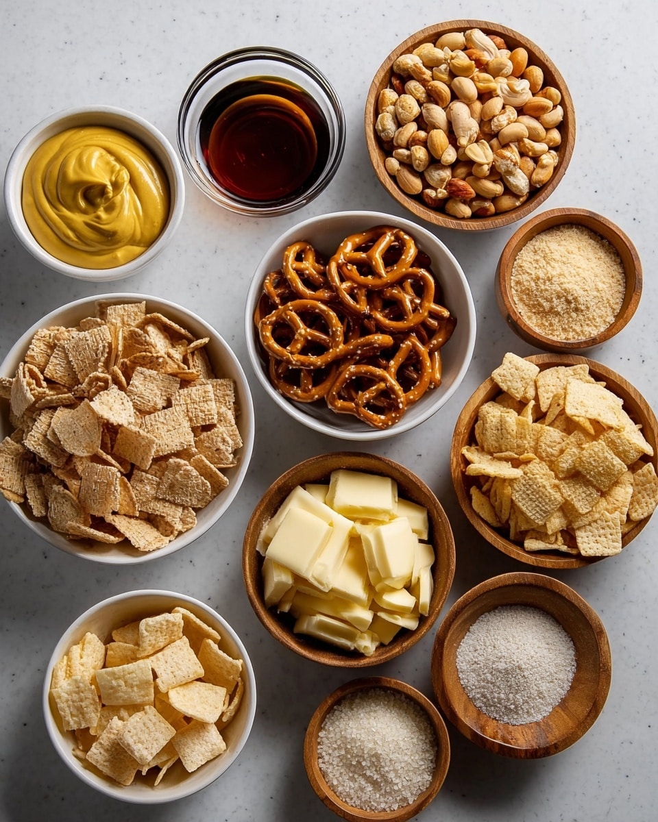 This image shows eleven bowls arranged on a white marbled surface, each bowl holding different snack ingredients. Starting from the top left, a white bowl contains smooth yellow mustard sauce, next to it a clear glass bowl holds a glossy dark brown liquid. To the right, two small wooden bowls carry light beige powders. Above center, a white bowl is filled with salted pretzels, showing their brown shiny surface. Continuing right, a wooden bowl holds pale nuts, and next to it another wooden bowl contains light golden round crisps. Below, from left to right, white bowls contain sliced pale yellow butter, light brown crunchy cereal, and beige crispy squares. At bottom right, two small wooden bowls hold white salt and pale yellow powder. All bowls show clear textures and colors, placed neatly on the smooth background photo taken with an iphone --ar 4:5 --v 7