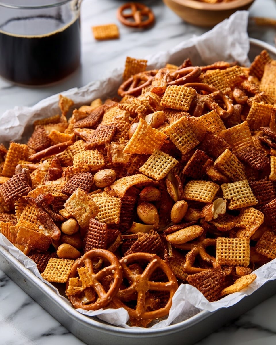 A large white baking tray lined with white parchment paper filled with a mix of crunchy snack pieces, including golden-brown pretzels, square cereal pieces in light and dark brown shades, round toasted bread slices with a slightly crispy texture, and scattered peanuts in a warm brown color. To the left of the tray, there is a small white bowl filled with a dark brown sauce or dip with a wooden honey dipper resting inside. The tray sits on a white marbled surface with a gray cloth napkin partially visible under the corner of the tray. Photo taken with an iphone --ar 4:5 --v 7
