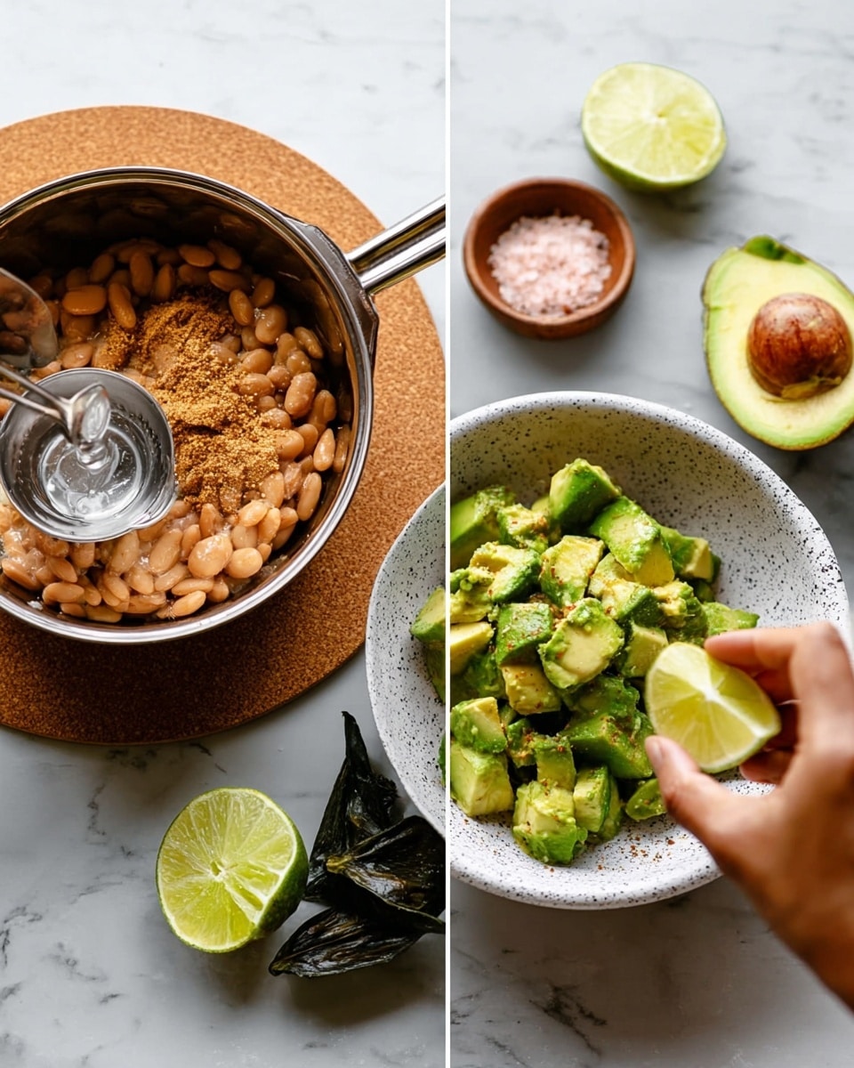 The left side shows a close-up of cooked light brown mashed beans in a silver pot on a round cork mat with a silver spoon inside; a woman's hand pours water from a small silver measuring cup into the beans, and there is a small pile of brown seasoning on top of the beans. The right side shows a white speckled bowl filled with bright green chunks of avocado, with a silver fork inside; a woman's hand is squeezing half a lime over the avocado, and around the bowl are a half lime, a half avocado with the seed removed, a small wooden bowl of pink salt, and some dark green avocado skins, all placed on a white marbled surface photo taken with an iphone --ar 4:5 --v 7