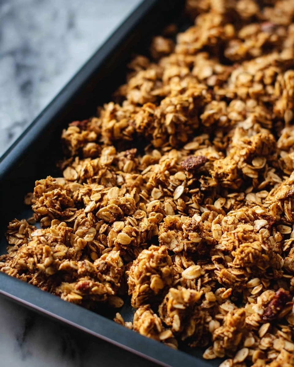 A close-up view of a black baking tray filled with chunky golden-brown granola clusters, showing a rough texture with visible oats and nuts mixed throughout. The granola pieces are uneven and thick, covering the entire tray in a scattered but thick layer. The tray rests on a white marbled surface that contrasts with the dark tray and the warm colors of the granola. photo taken with an iphone --ar 4:5 --v 7