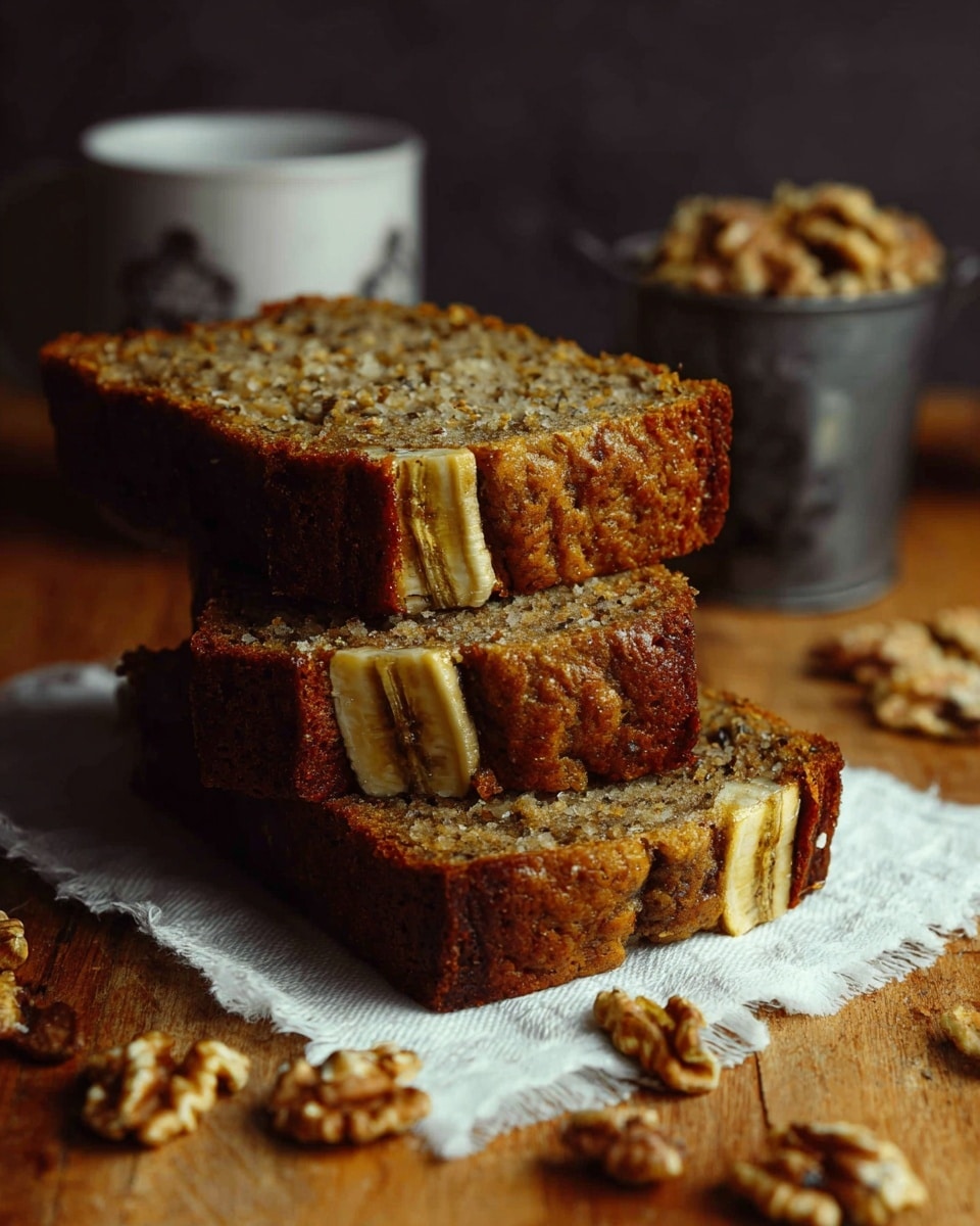 A loaf of banana bread sits on crinkled parchment paper on a rough wooden surface, showing a deep brown crust with a glossy finish. On top, a banana sliced lengthwise is baked into the bread, its texture soft and slightly caramelized with visible seeds, and small pieces of walnuts are scattered around it. Nearby, broken chunks of dark chocolate add a rich contrast in blackish brown color. A large knife with a wooden handle lies next to the bread, its blade shiny and reflecting light. The scene has a rustic, warm feeling. photo taken with an iphone --ar 4:5 --v 7