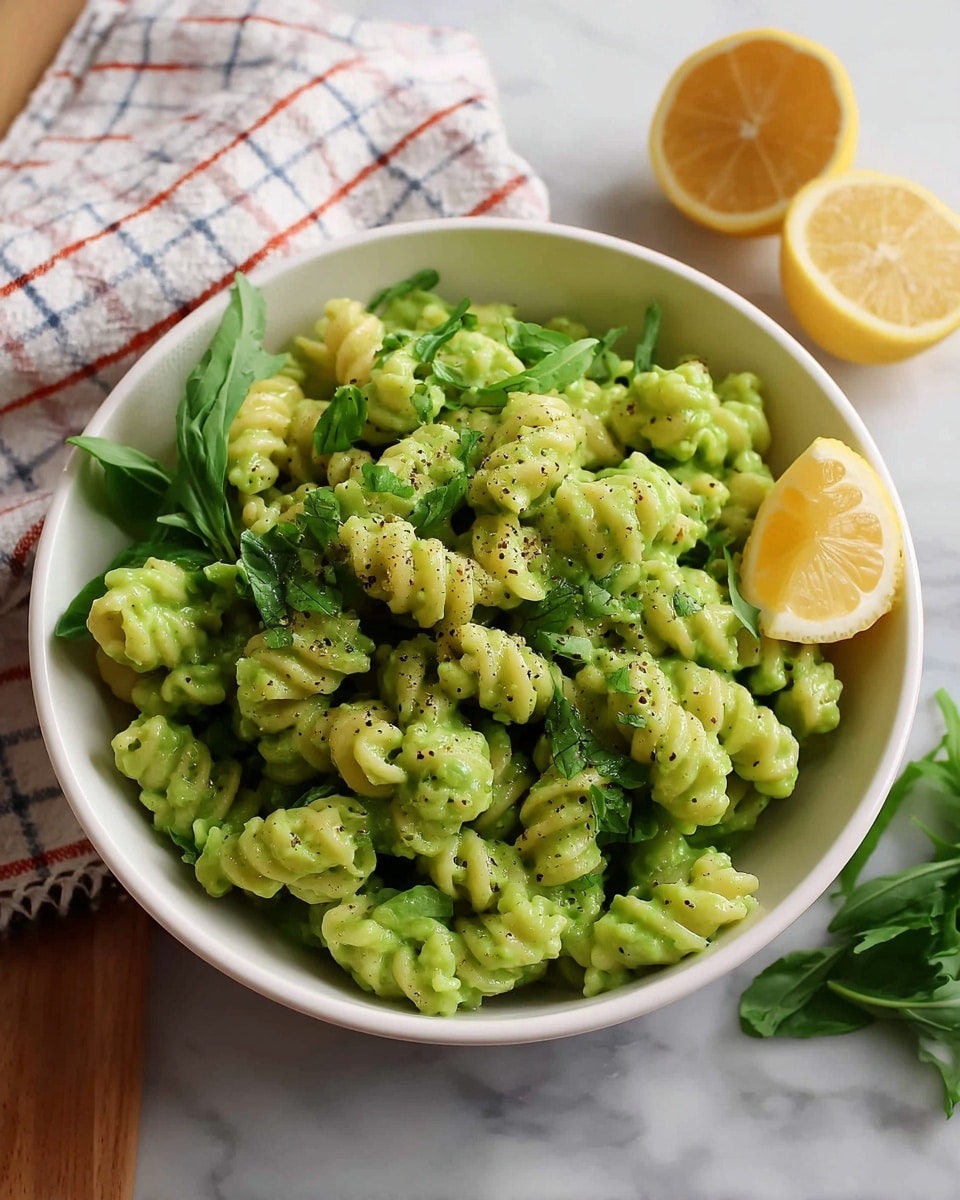 A white bowl filled with light green pasta pieces that have a ridged, textured surface, coated evenly with a creamy green sauce. The pasta is sprinkled with small bits of black pepper and garnished with a few fresh green basil leaves, positioned on top. A lemon wedge with bright yellow skin and pale juicy flesh sits on the edge of the bowl. Around the bowl, there are fresh green basil leaves and more lemon wedges scattered on a white marbled surface. A white cloth with blue and red stitched lines is partially placed to the left side. Photo taken with an iphone --ar 4:5 --v 7