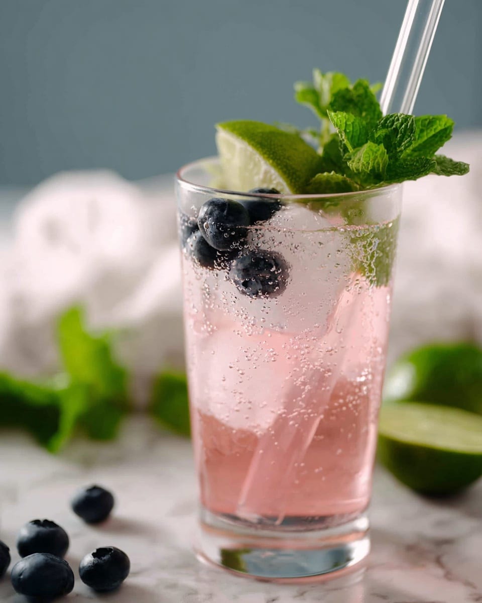 A tall clear glass filled with light pink liquid and many ice cubes filling most of the glass. At the bottom, there are dark crushed berries creating a dark purple layer. Floating near the top are a few whole dark berries surrounded by bubbles, with a bright green lime wedge and fresh green mint leaves resting on the rim. The glass sits on a white marbled surface with sliced lime halves and scattered dark berries in the background, along with a textured white cloth and a jar of berries in soft focus. Photo taken with an iphone --ar 4:5 --v 7