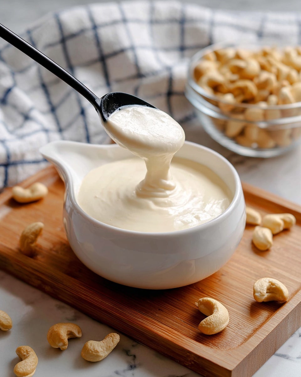 A white bowl filled with smooth, creamy cashew sauce that has a pale off-white color and a slight swirl on top. The bowl is placed on a round wooden board with a natural light brown tone. Around the bowl, there are scattered whole cashew nuts in light tan color, some on the white marbled surface and some near a white bowl filled with more cashews in the background. A spoon with a black handle is placed near the bowl, holding a scoop of the thick sauce. A white cloth with a blue checkered pattern is draped in the upper left corner on the white marbled surface. Photo taken with an iphone --ar 4:5 --v 7
