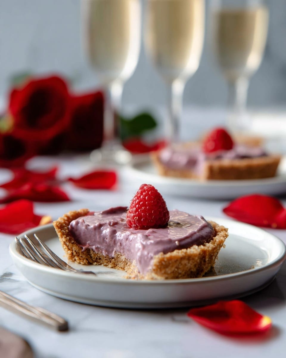 Four small round tarts with golden crusts sit on a silver cooling rack placed on a white marbled surface. Each tart has a thick, glossy light purple filling, slightly textured with bits inside, topped with a single fresh raspberry in the center. Bright red rose petals and a whole red rose surround the tarts on the surface. Nearby, a pair of shiny gold spoons rest to the right side. Several small, dark heart-shaped chocolates are also scattered on the white marbled surface, with a red smudge next to them. photo taken with an iphone --ar 4:5 --v 7
