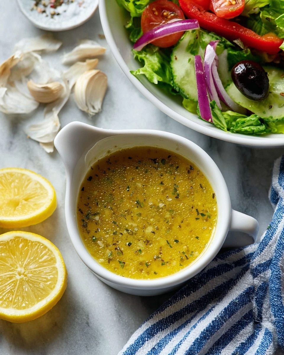 A small white measuring cup filled with a yellowish-green sauce with visible herbs and small bubbles on top, showing a slightly thick texture. To the top right, a white bowl contains a fresh salad with layers of green lettuce, cucumber slices, red bell pepper slices, cherry tomatoes, purple onion pieces, and one black olive slice on top. In the bottom left corner, there are three lemon slices placed next to the cup. On the left side, some garlic cloves and white flakes of garlic skin are scattered on a white marbled surface. A blue and white striped cloth lies partially beneath the measuring cup on the bottom right. Photo taken with an iphone --ar 4:5 --v 7