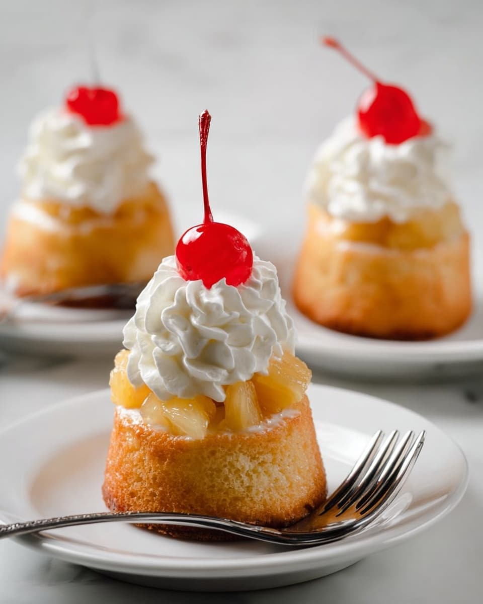Three small cakes stand on a white marbled surface, each showing three layers. The bottom layer is a light golden cake with a slightly textured surface. The middle layer has small chunks of yellow fruit that look sticky and juicy. The top layer is a white, fluffy swirl of whipped cream. At the very top, a bright red cherry with a long, thin stem sits on each cake. The cakes are round and arranged with one in clear focus at the front and two blurred in the back. Photo taken with an iphone --ar 4:5 --v 7
