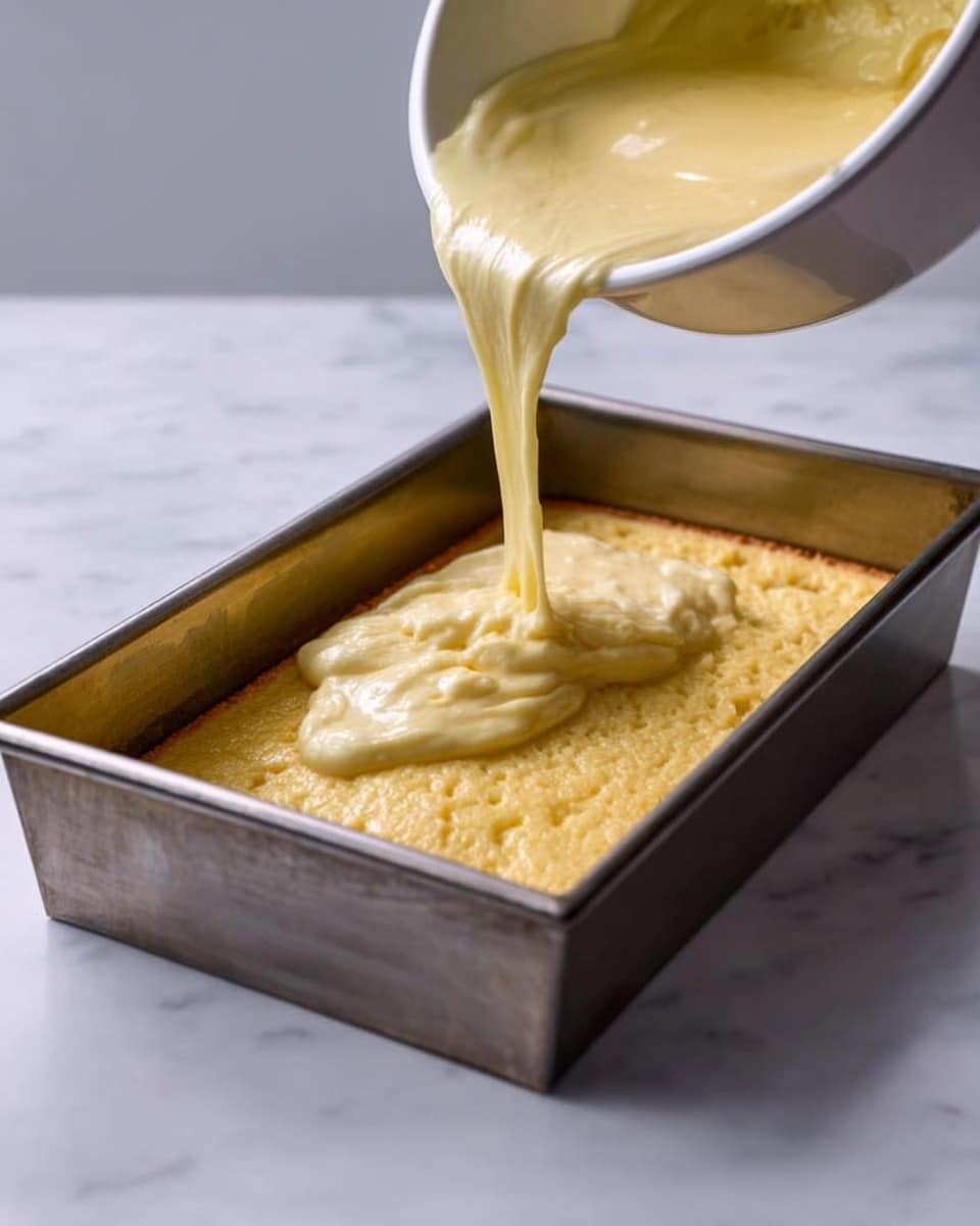 The image shows a rectangular metal baking pan with a thick, uneven yellow base layer inside. A white bowl held above the pan is pouring a smooth, light yellow batter over this base, spreading across the pan to cover the bottom layer. The background is a white marbled surface. photo taken with an iphone --ar 4:5 --v 7