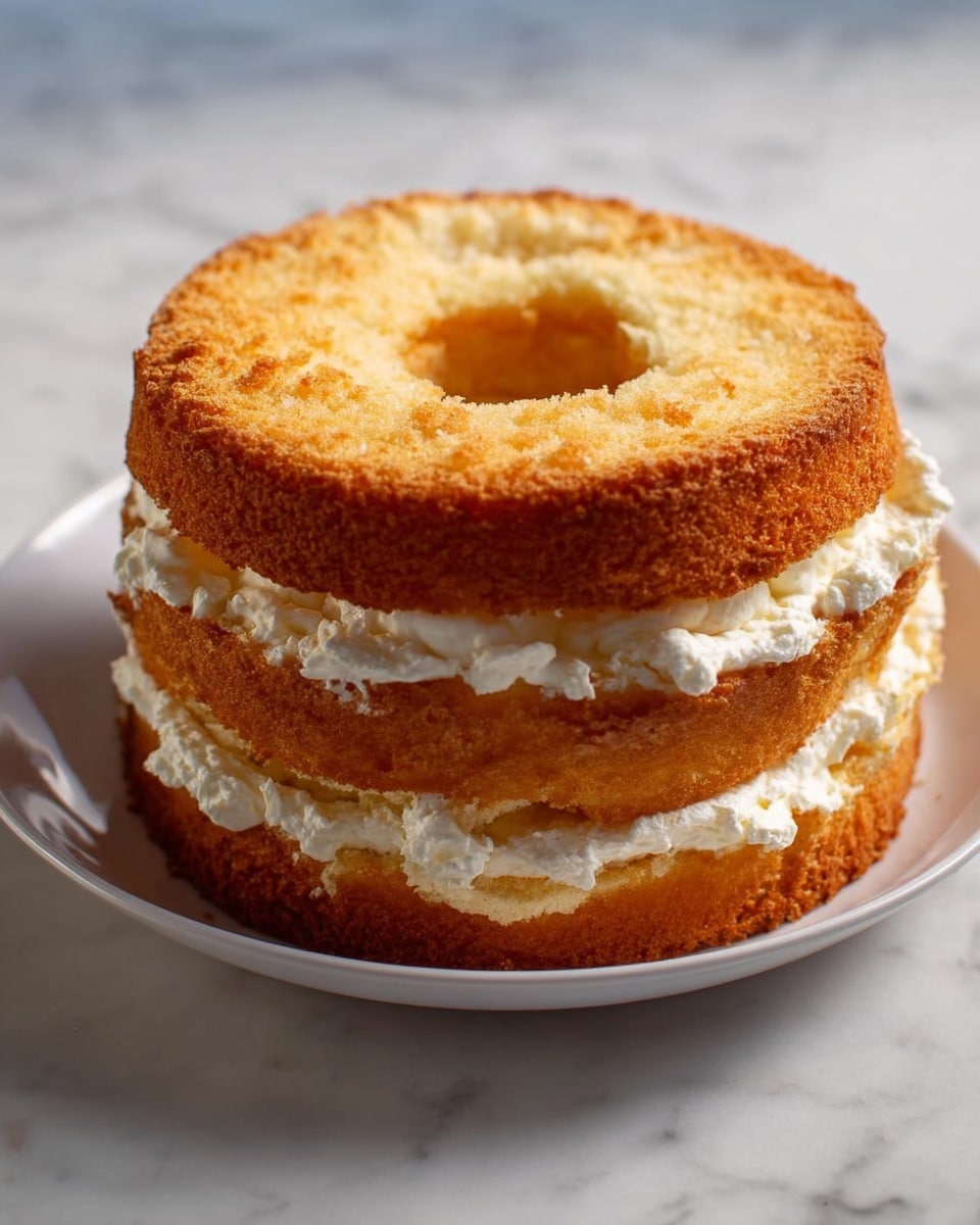A round white cake with a hole in the center has a smooth, creamy white frosting covering it completely. On top, there is a circle of sliced strawberries and kiwi pieces arranged alternately around the hole. The cake is sprinkled with white coconut flakes, adding texture around the fruits and the sides. It sits on a clear glass cake stand placed on a white marbled surface. photo taken with an iphone --ar 4:5 --v 7