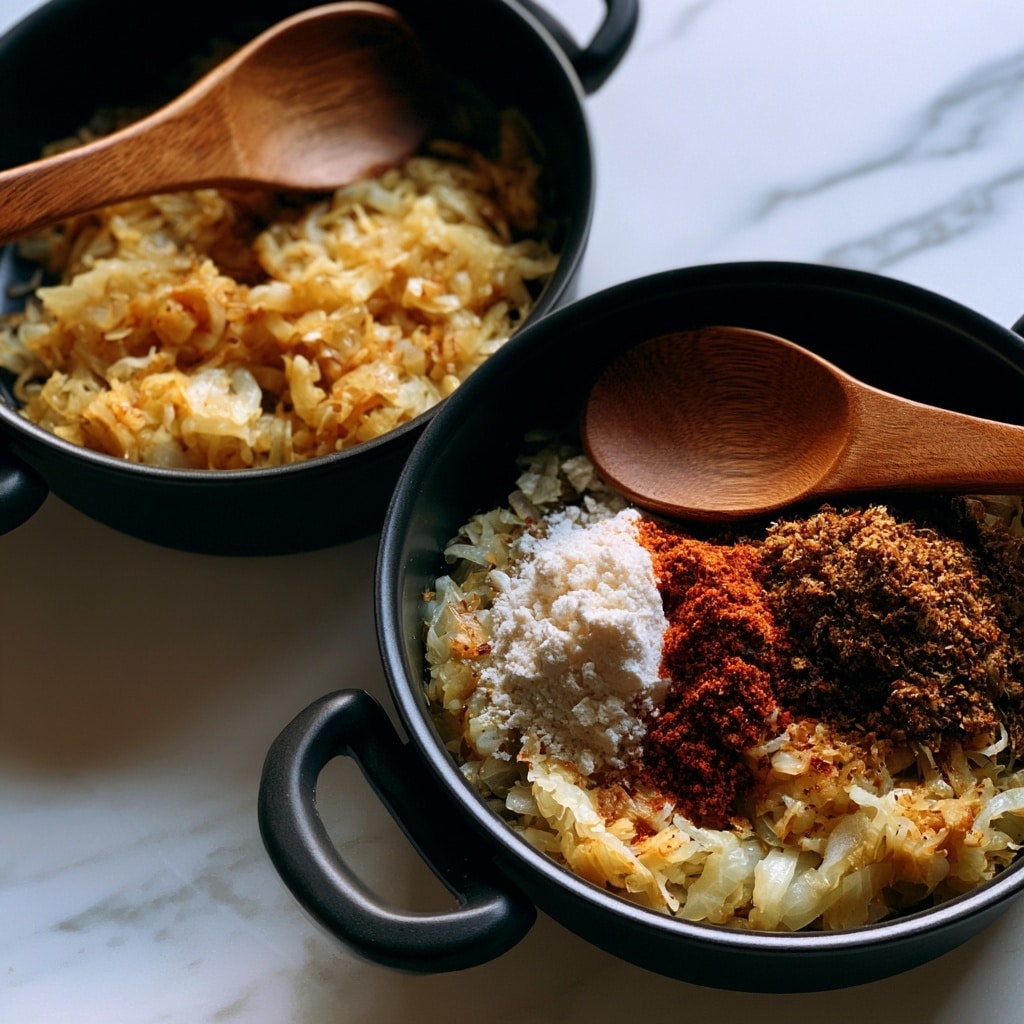 Two black pots are shown on a white marbled surface. In the first pot, there is a single layer of light golden-brown cooked onions, with a wooden spoon resting on top, the spoon light brown with an engraved logo. In the second pot, the onions remain at the bottom but mixed with several piles of powdered spices: a white powder, a reddish powder, and a brown powder grouped closely together on the right side. The same wooden spoon lies on top of the spices and onions. Photo taken with an iphone --ar 4:5 --v 7