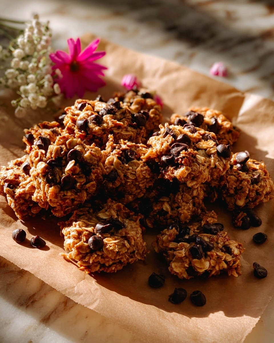 A pile of chunky oat clusters mixed with small dark chocolate chips rests on light brown parchment paper, set on a white marbled surface. The clusters have a rough texture with visible oats blending into a golden-brown dough and scattered chocolate chips adding contrast. In the upper left corner, some small white flowers and a single bright pink flower add a soft natural touch. The whole scene is lit by warm sunlight, giving the clusters a slight glow and creating long, soft shadows. photo taken with an iphone --ar 4:5 --v 7