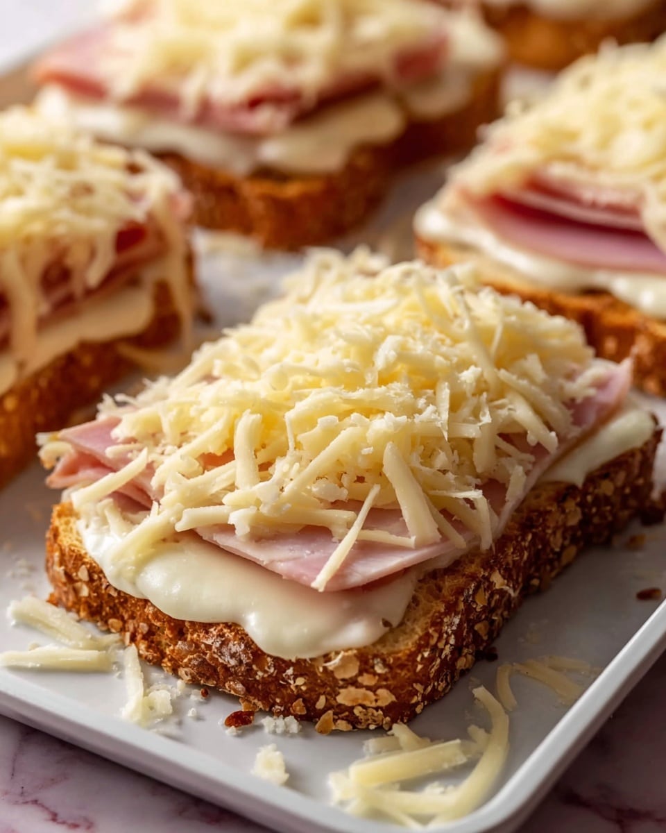 The image shows two toasted bread slices on a speckled white plate, each topped with a thick, golden-brown melted cheese layer with a slightly bubbly texture, garnished with small green fresh herb leaves. The top slice is slightly lifted showing a white, creamy melted cheese inside. Beside the toasts, there are three small pickles arranged in a cluster and some scattered green herbs on the plate. The plate sits on a white marbled surface with a beige cloth on the right and a wooden-handled knife with a silver blade to the left. At the top left corner, part of a white bowl filled with green and purple leafy salad and a small container of grainy mustard are visible. Some fresh green herbs in a pot appear out of focus on the upper right side of the image. photo taken with an iphone --ar 4:5 --v 7