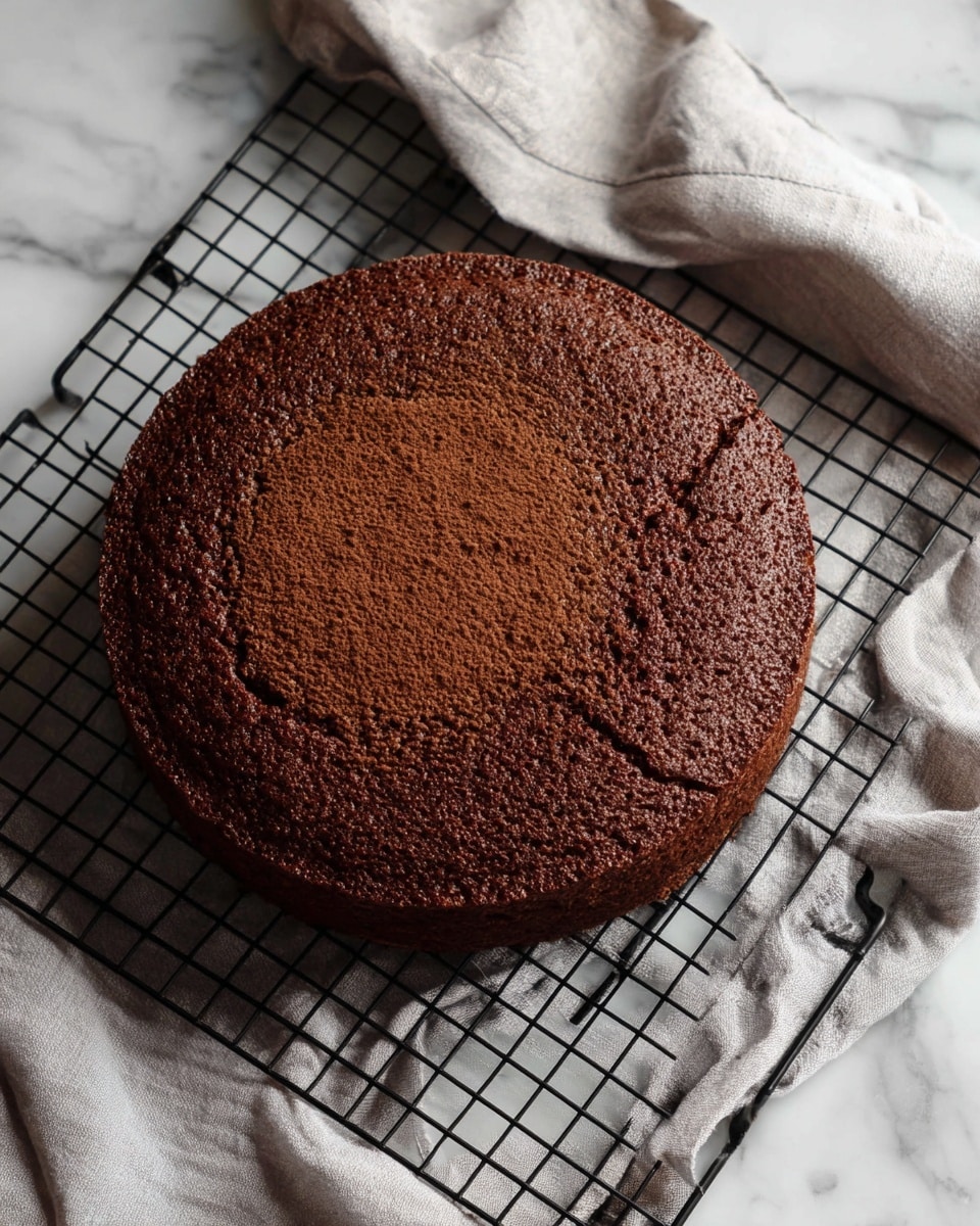 A single round layer of dark brown chocolate cake with a fine, soft crumb texture sits flat and even on a black wire cooling rack. The cake's sides and top show a consistent, smooth surface with small crumb details, indicating it is freshly baked. The background and surface beneath the rack are white with a subtle marbled texture. photo taken with an iphone --ar 4:5 --v 7