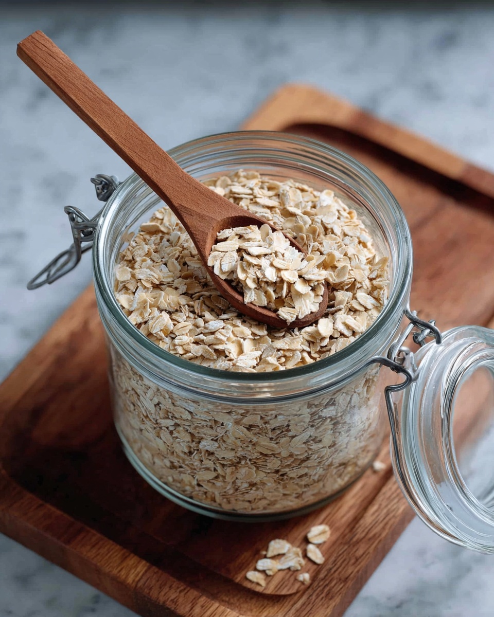 A clear glass jar filled with light beige rolled oats sits on a wooden board over a white marbled surface. Inside the jar, there is a wooden spoon with a long handle, resting diagonally and scooping some oats, showing the flat and flaky texture of the oats clearly. The jar's metal latch is visible on the side, and the jar's glass lid is open, leaning on the right. Photo taken with an iphone --ar 4:5 --v 7