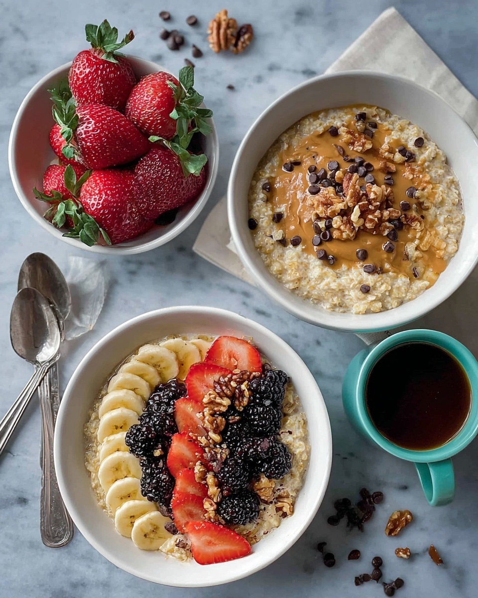 A white bowl filled with creamy oatmeal as the bottom layer, topped on one side with a smooth layer of light brown peanut butter. On top of the peanut butter and oatmeal are fresh blackberries and halved strawberries with green stems, scattered evenly. Small light-colored seeds are sprinkled across the fruit and peanut butter. Next to the bowl is a full light blue cup of dark coffee on a white marbled textured surface. Part of another white bowl with oatmeal and some scattered dark chocolate chips and a strawberry nearby complete the scene. Photo taken with an iphone --ar 4:5 --v 7